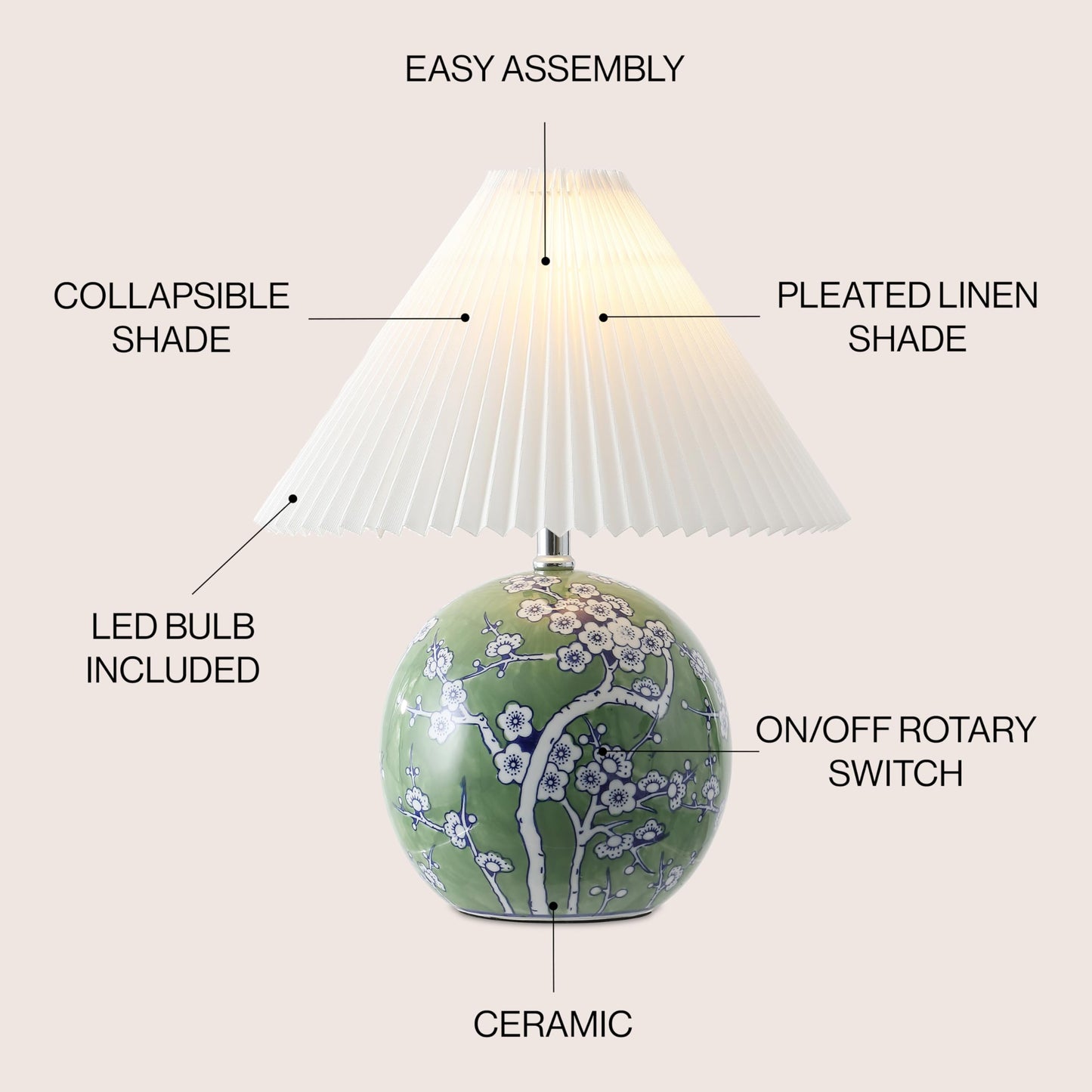 JONATHAN Y 19.5" Green/White Shishen Chinoiserie Ceramic Table Lamp, Traditional Hand-Painted Floral Cottage Lamp with White Pleated Linen Shade, LED Bulb Included JYL5056A