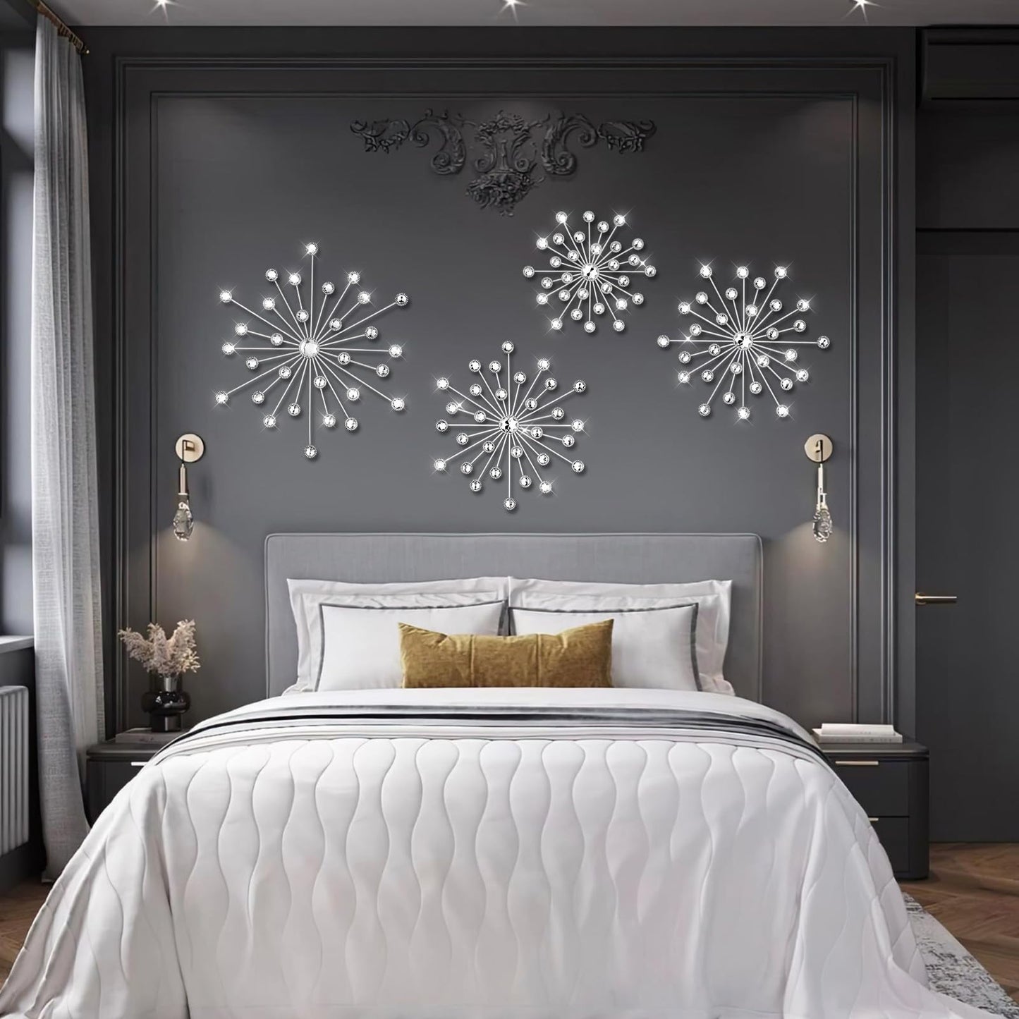 Limbeuuu 4 Pcs Metal Wall Decor Bling Crystal Wall Art Cast Iron Rhinestones Sunburst Decor Starburst Art Hanging Diamond Accents Home Decorative for Living Room Bedroom Entryway(Silver)
