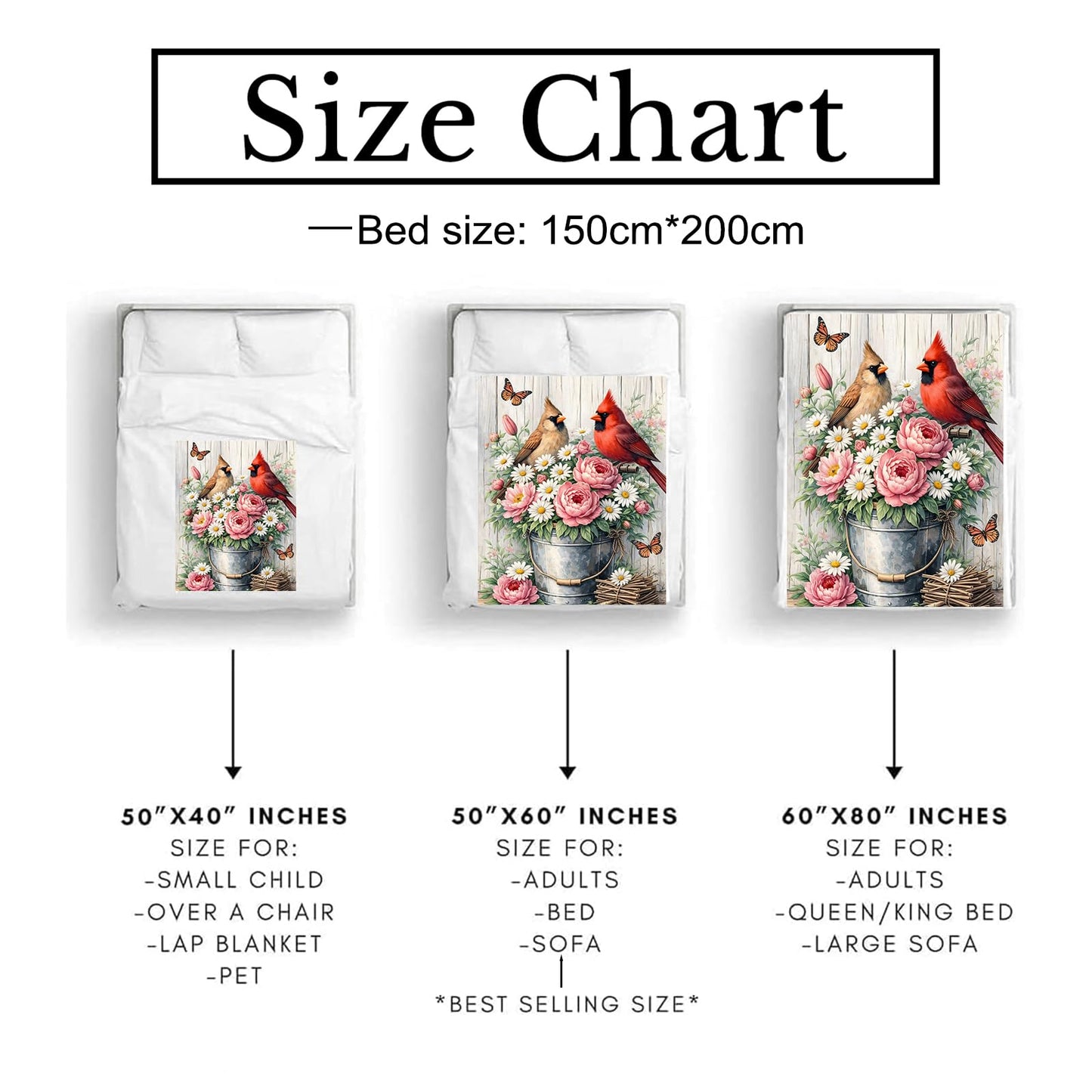 Cardinal Flower Bouquet Blanket Soft Cozy Bird Floral Rustic Farmhouse Flannel Throw Blanket, Gifts for Girls Women, Warm Yet Lightweight Blankets for Travel, Couch, Fuzzy Decor Comfort Wrap 60"×50"