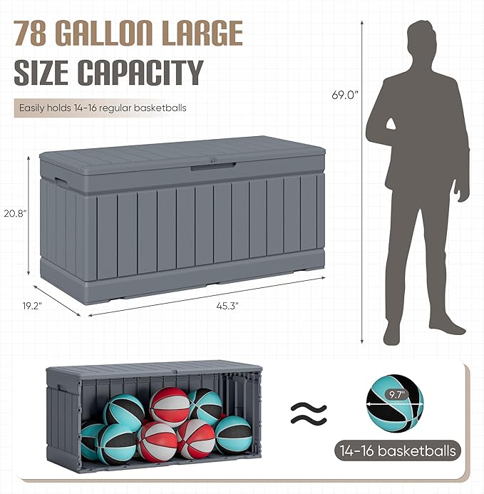 JUMMICO 78 Gallon Outdoor Deck Box Large Resin Storage Box for Patio Furniture Cushions, and Garden Tools (Gray)