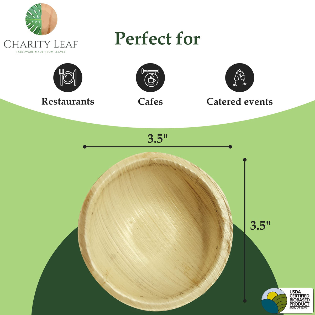 Charity Leaf Disposable Palm Leaf 3.5" Round Mini Bowl (100 pcs) Dipping Bowls | Bamboo Like| All Natural and Biodegradable | Charcuterie Boards, BBQs, and Parties