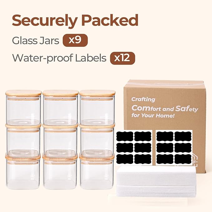 ComSaf 0.7 Qt Glass Food Storage Jars Set of 9, Pantry Organization Jar
