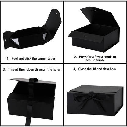 OEMVALATY 6-Pack Gift Boxes,12x8x4.5 Inch Magnetic Gift Boxes with Lids for Presents,Black with Ribbon, Bridesmaid Proposal Box for Wedding, Storage, Birthday