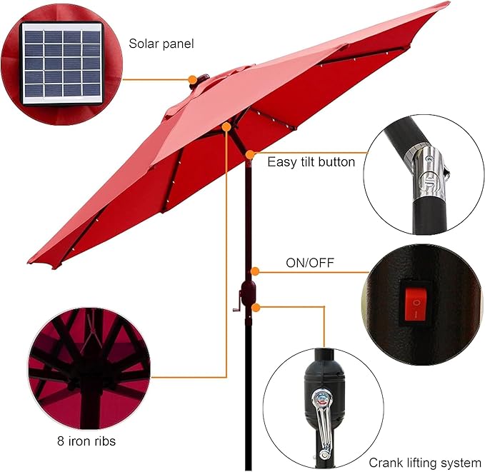 Blissun 9 ft Solar Umbrella, 32 LED Lighted Patio Umbrella, Table Market Umbrella, Outdoor Umbrella for Garden, Deck, Backyard, Pool and Beach (Red)