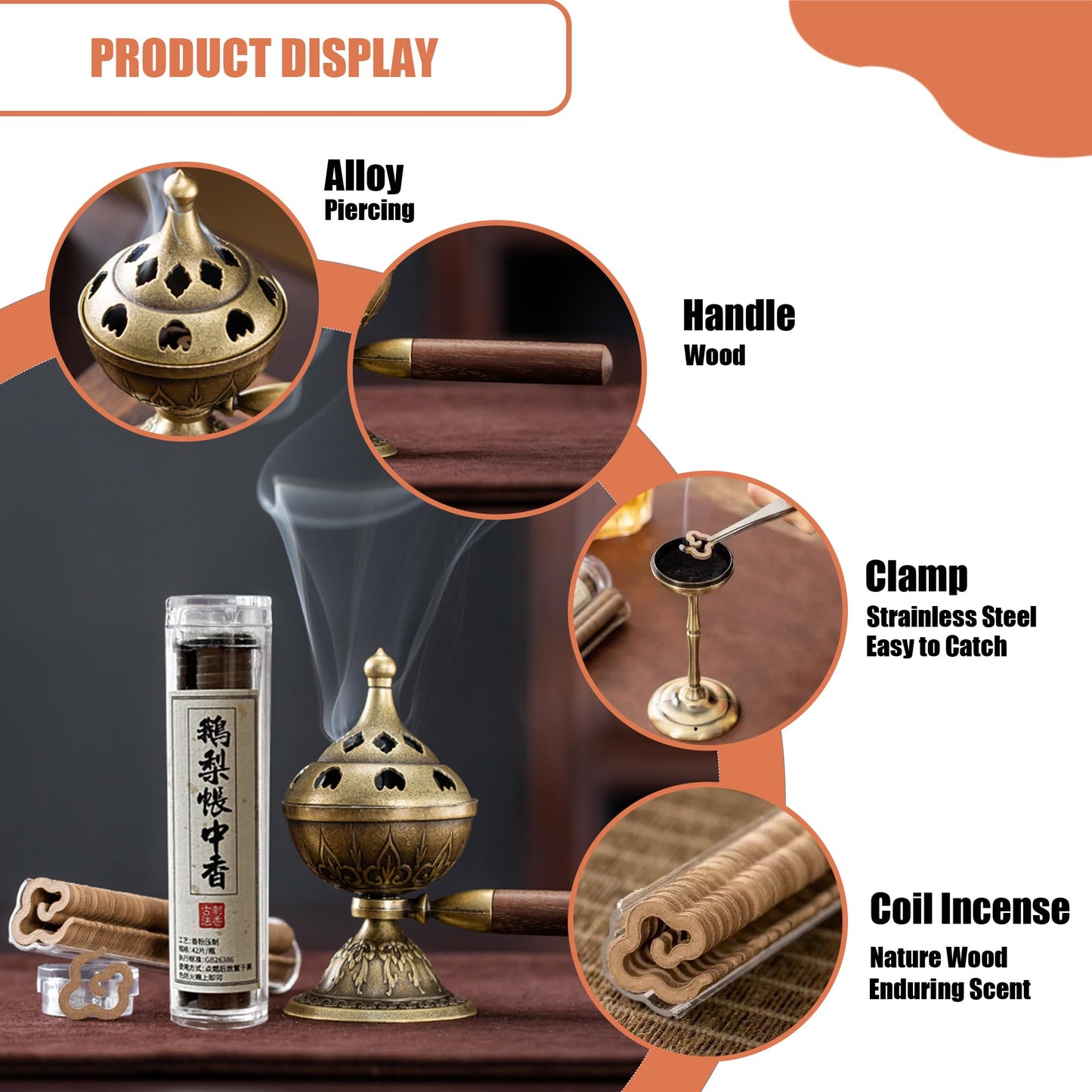 Handheld Incense Burner, 360° Rotating Handle with Incense Coils