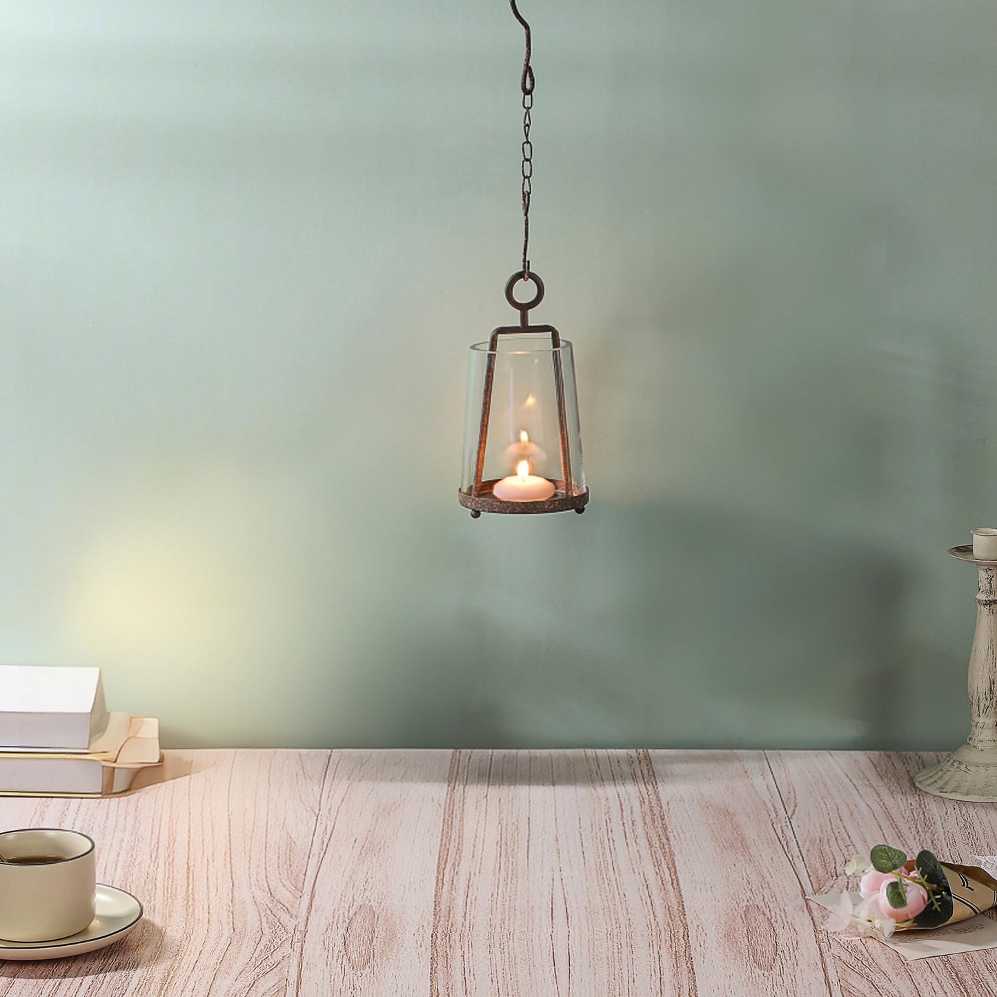 Twakutwaku 4" Wide Modern Farmhouse Metal Hurricane Candle Holder with Handmade Sturdy Glass Sleeve in Rustic Brown for 2" Pillar Candle & Plants, Glass Hurricane Lantern, Industrial, Minimalistic