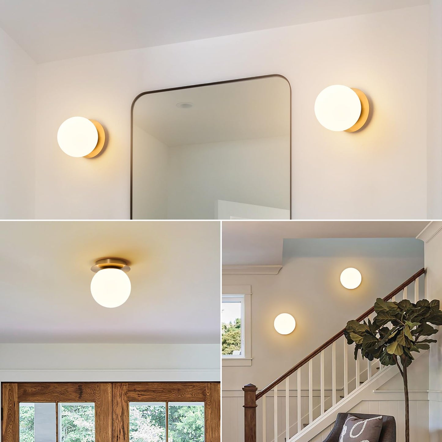 Modern Glass Globe Wall Sconce: Gold Spherical Sconces Light - Small Brass Vanity Single Ball Lights Fixture - Contemporary Milk Glass Wall Mounted Lamp for Bedroom Bathroom Hallway Bulb Not Included