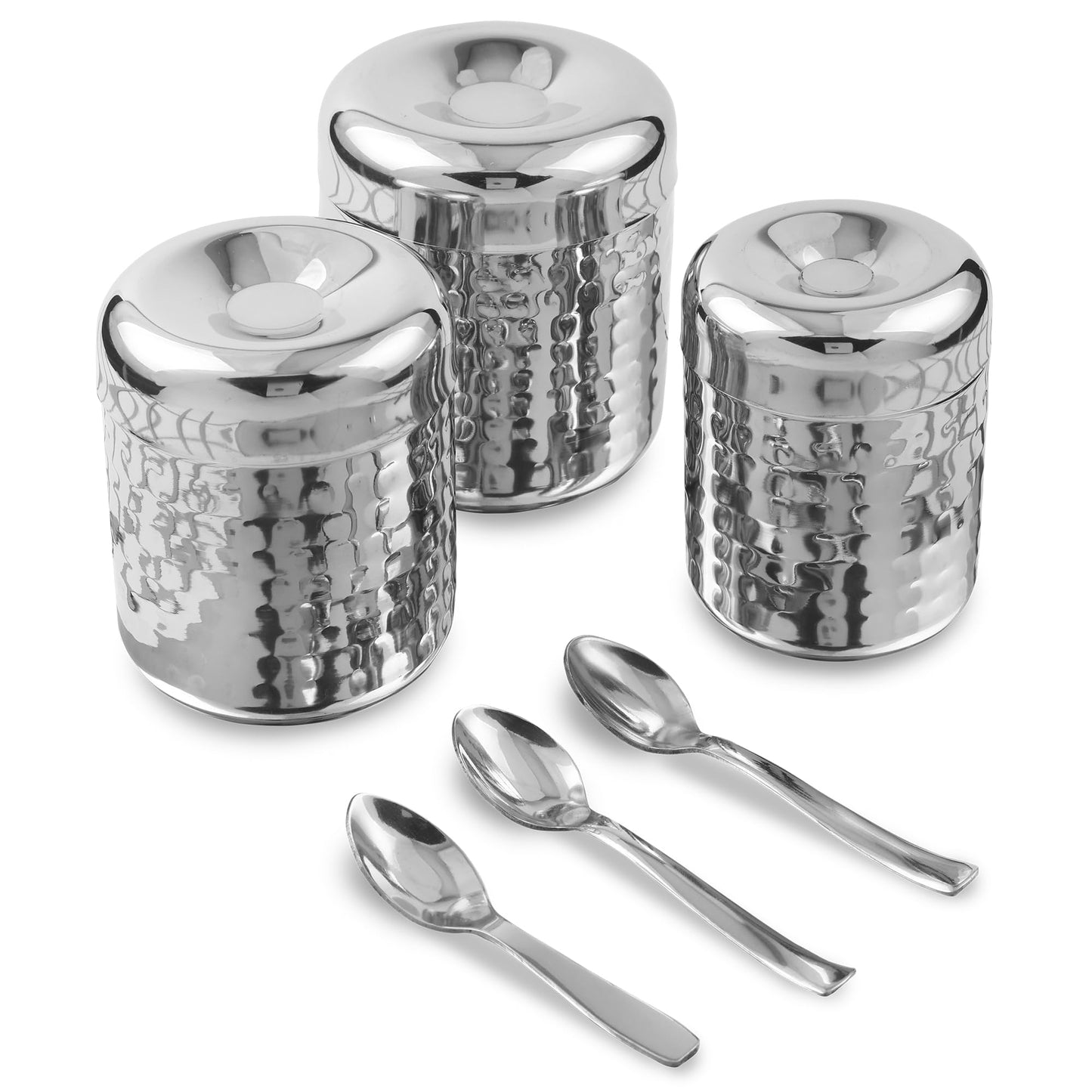CRAFTONE Stainless Steel Hammered Containers Set of 3 with Spoon, Ideal for Tea, Coffee, Sugar, Masala Storage Sugar Container with Lid for Salt, Coffee, Dishwasher Safe (10 Oz, 15 Oz, 20 Oz)