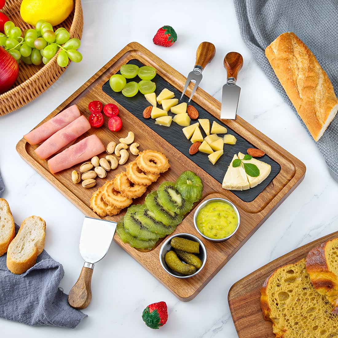 LiWiBet Wooden Slate Serving Board Charcuterie Boards with 2 Bowls, Acacia Wood Cutting Board Cheese Board Serving Plate Tray Platter for Bridal Shower Gifts Wedding Gifts Housewarming