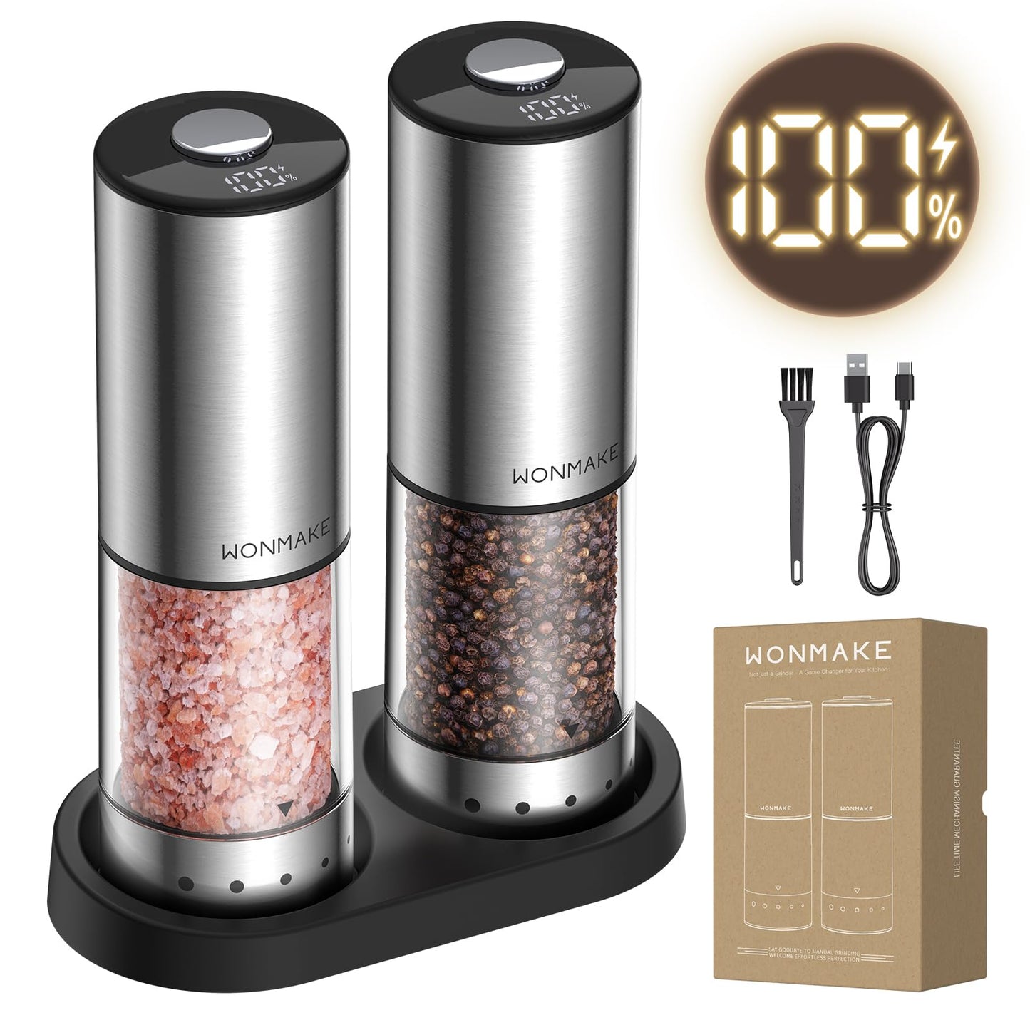 Electric Salt and Pepper Grinder Set, Stainless Steel Salt and Pepper Shakers with Storage Base, Type-C Rechargeable with Power Display, 5 External Coarseness Levels for Easy One-Hand Operation