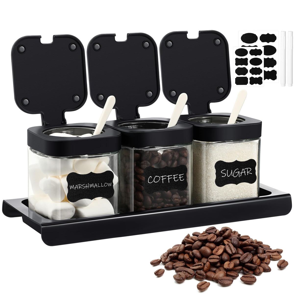 Suclain 3 Pcs Glass Coffee Containers Coffee Station Organizer Set, Airtight Bean Storage Jars with Shelf,labels,spoon, Base and Pen,for Sugar, Candy, Oats, Nuts(Black)