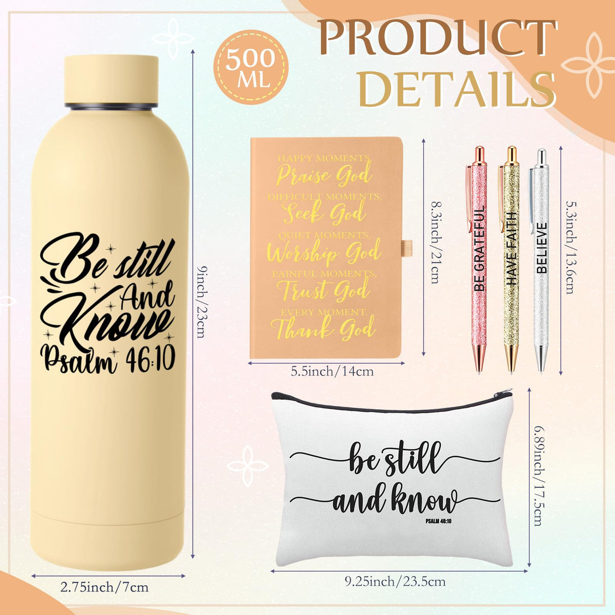 SiliFine 6 Pcs Christian Gifts for Women Be Still and Know Faith Religious Inspirational Thank You Gift Spiritual Birthday Christmas for Water Bottle Cosmetic Bag(Yellow)