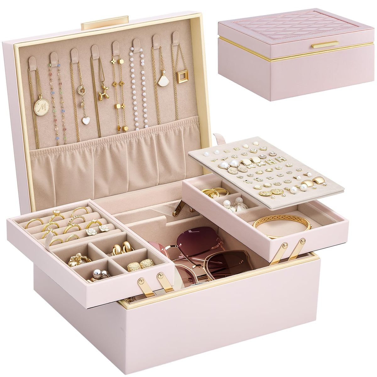 Lolalet Jewelry Box Organizer for Women Girls, 2 Layer Jewelry Organizers and Storage for Necklace Earrings Rings Bracelets, Large Jewellery Holder Case Birthday Valentine Gifts -Pink