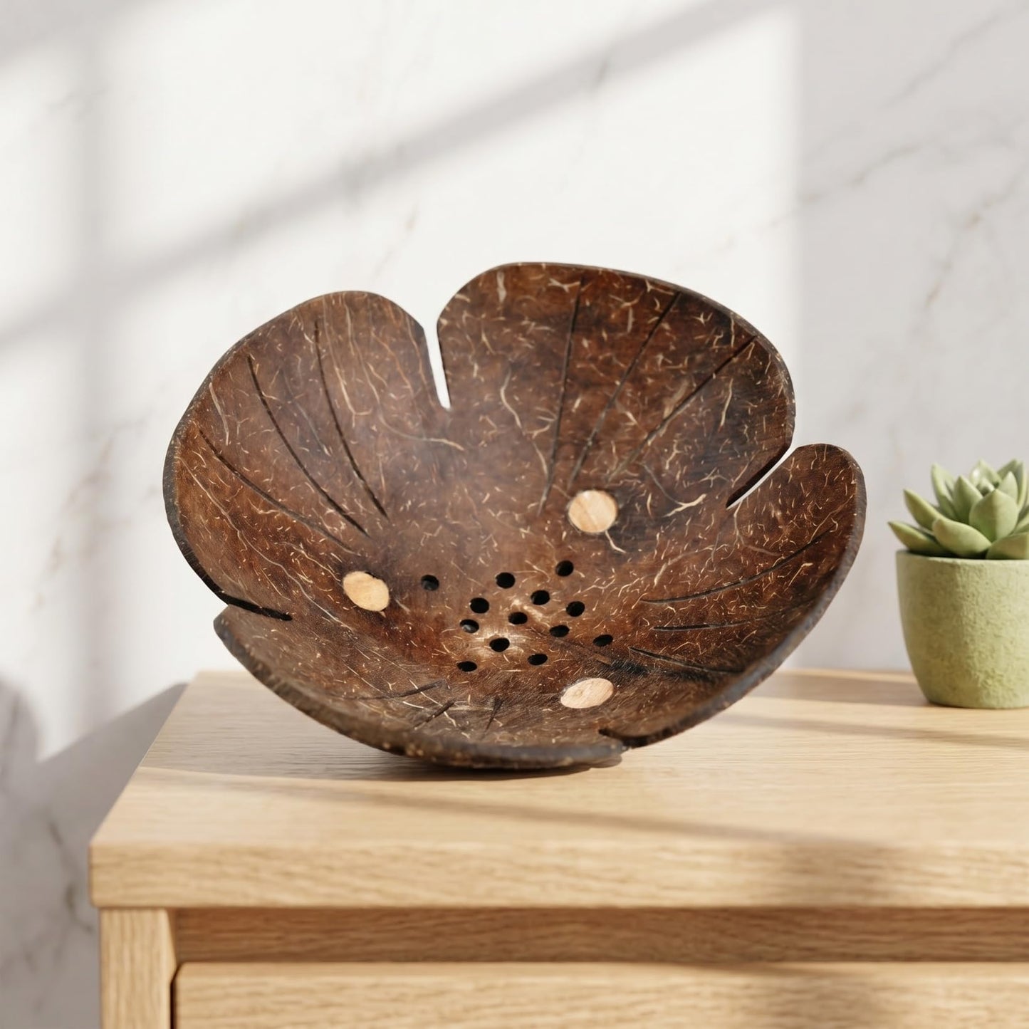 CAXUSD Coconut Shell Soap Dish Wooden Bathroom Soap Holder with Self-Draining Holes for Bar and Small Item Storage 5.11X5.11X1.96In