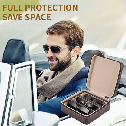 ROSELLE Eyewear Travel Case for women men, Luxury leather 3-Slot Eyeglasses Storage Box for Multiple Glasses and Sunglasses (Coffee)