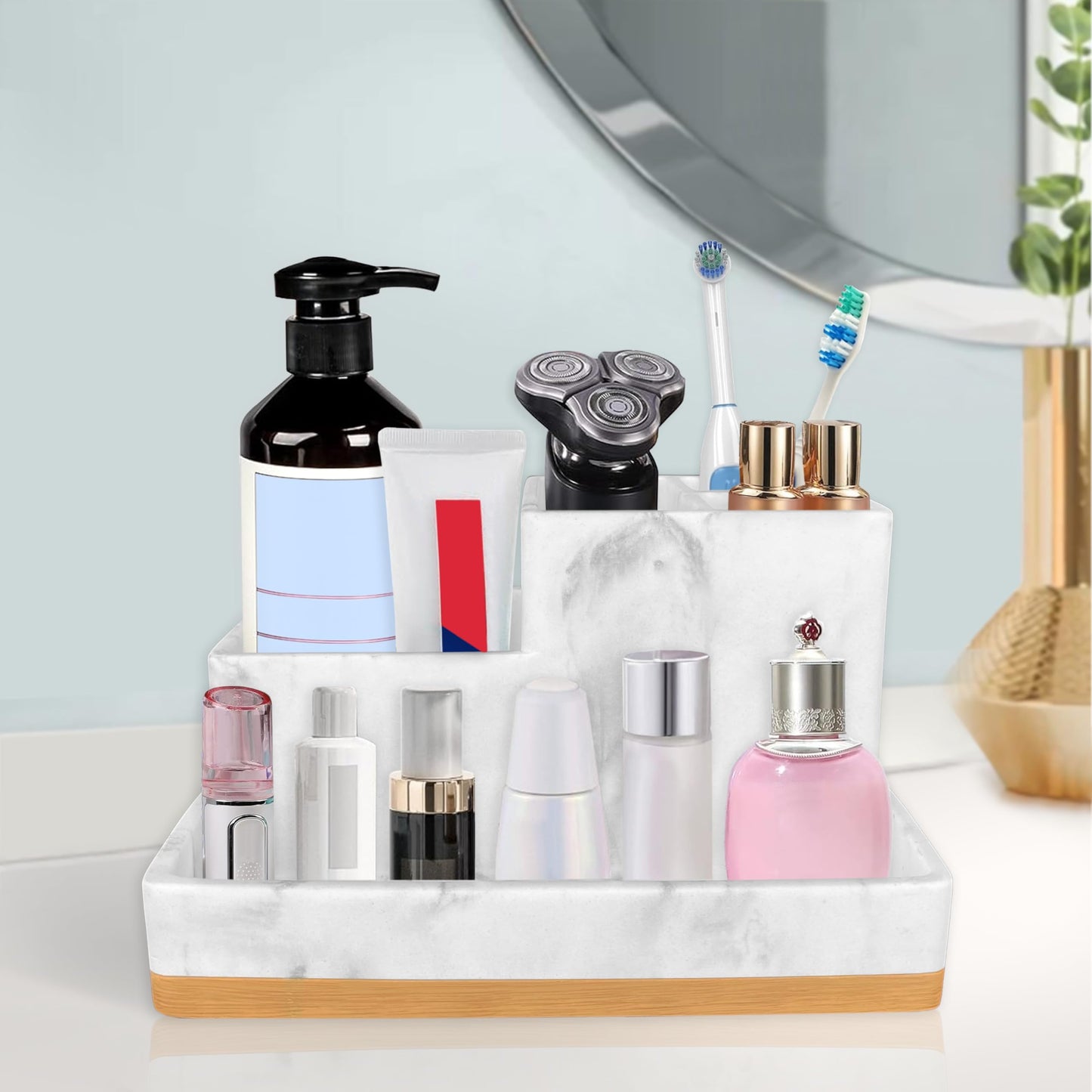 Bathroom Countertop Organizer with Tray, Large Size Toothbrush Holder Organizer, Vanity Storage for Bathroom, 5 Different Size Compartment, Resin in White Marble Bamboo Bottom