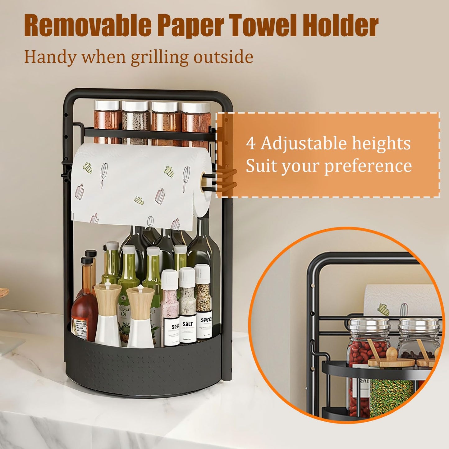 JEESA Rotating Spice Rack with Paper Towel Holder, Black
