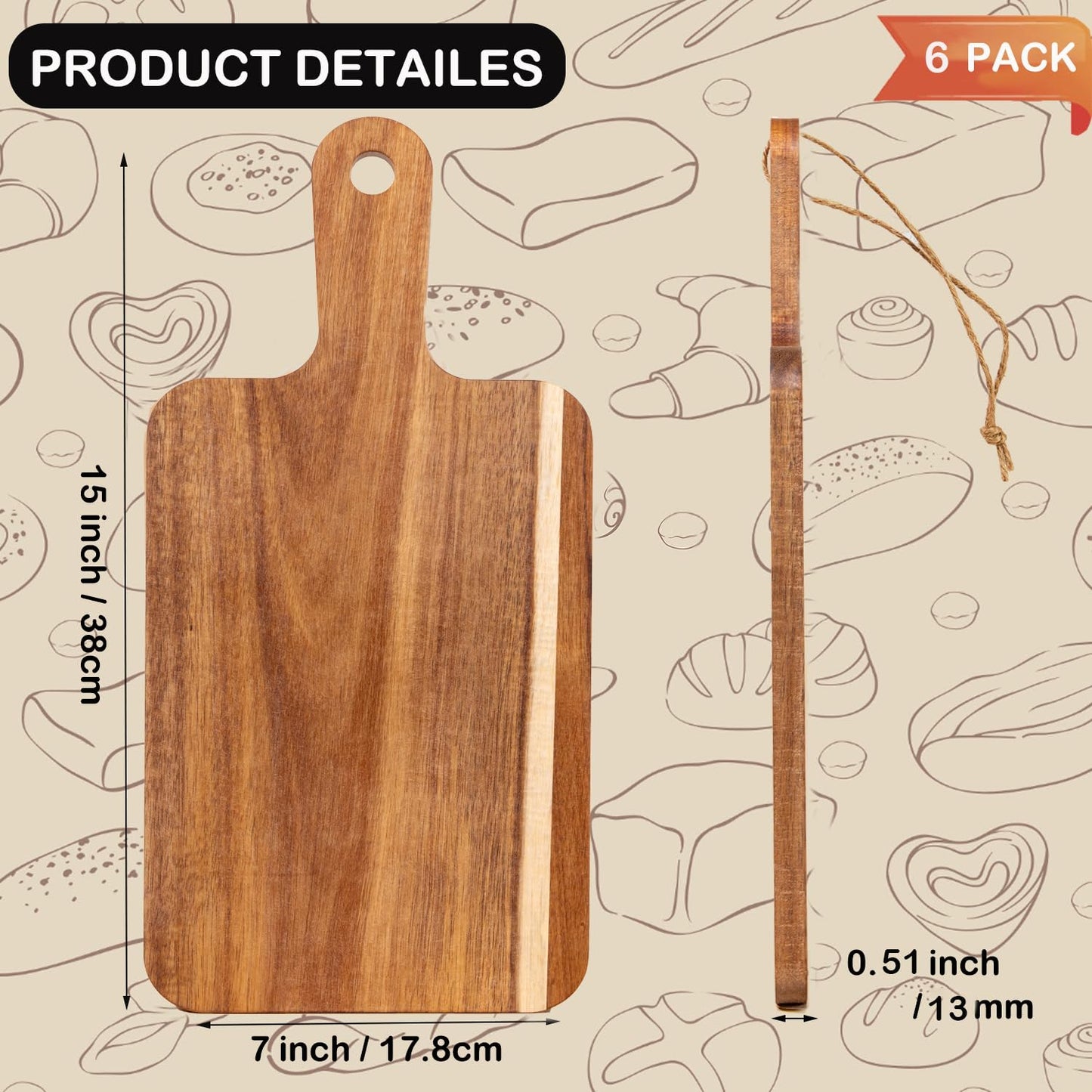 Benhurb 6 Pcs Acacia Wood Cutting Board with Handle, Large Charcuterie Boards Bulk, 15 x 7 inch Wooden Cutting Boards Bulk for Kitchen, Cheese Serving Board for Vegetables Meat Pizza Fruit Bread