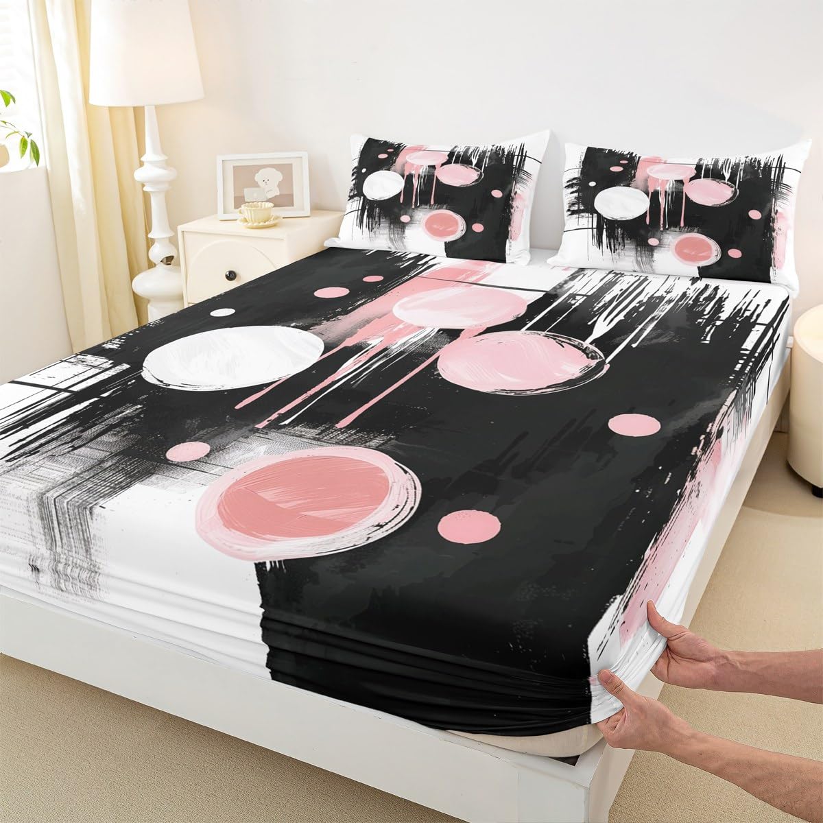 jejeloiu Retro Circle Fitted Sheet with 1 Pillowcase Twin Size Black and Pink Abstract Bed Sheets Set 16" Deep Pocket Boys Girls Bedding Teens Bedroom Decor Breathable Soft