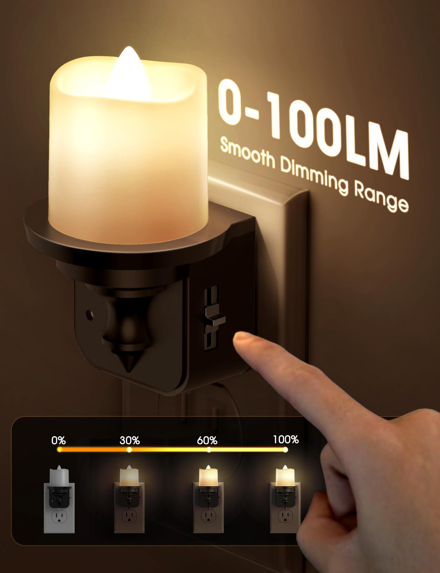 Briignite Flameless Candle Night Lights, Amber Plug-in 2 Pack, LED Candle with Light Sensor, 0-100LM Dimmable, Kids Hallway Bathroom Nightlight
