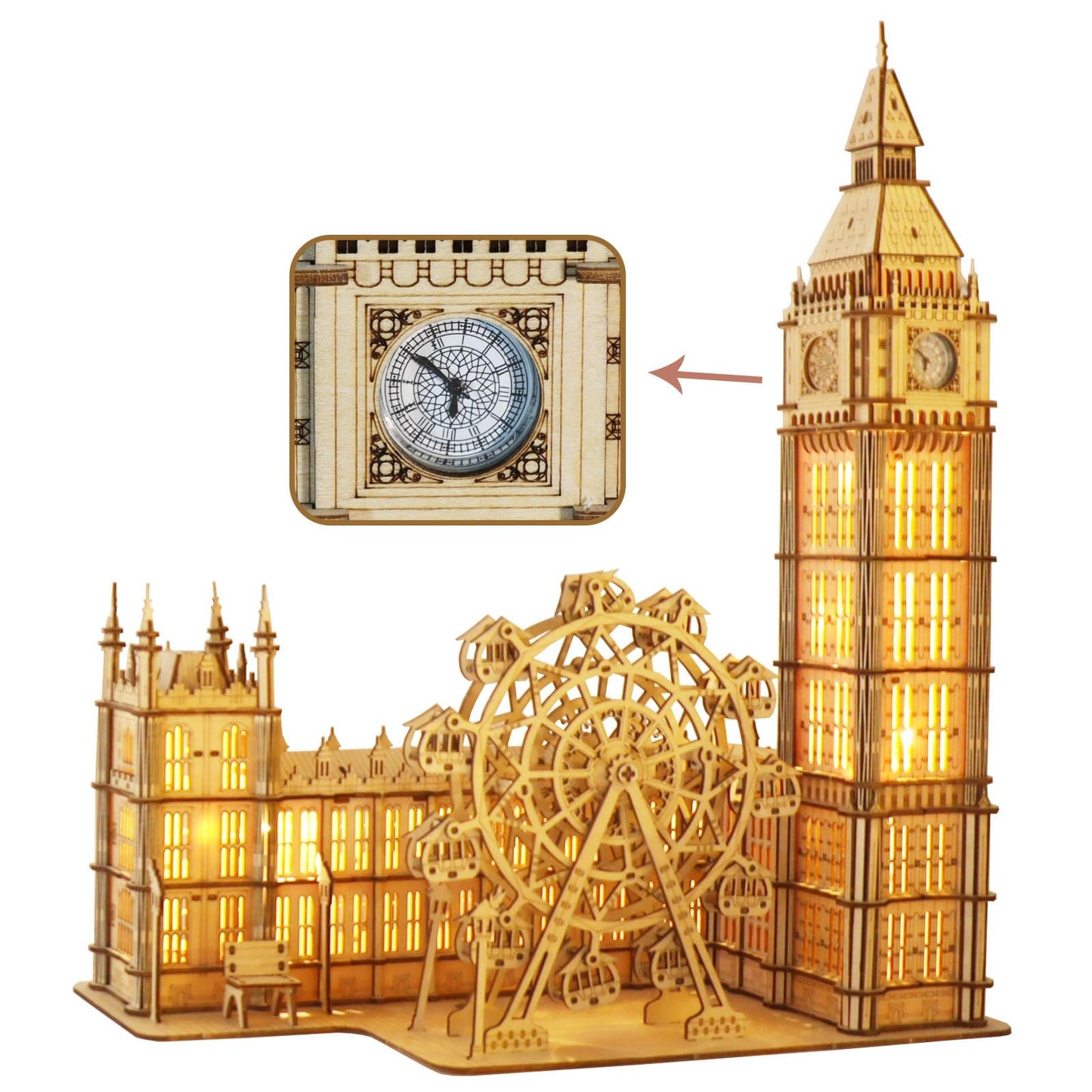 Music Park 3D Wooden Puzzles Big Ben Mechanical Real Clock with Night Light DIY Model Building Kits for Adults to Build Ferris Wheel Hobbies and Birthday Valentine's Day Gifts Home Decoration