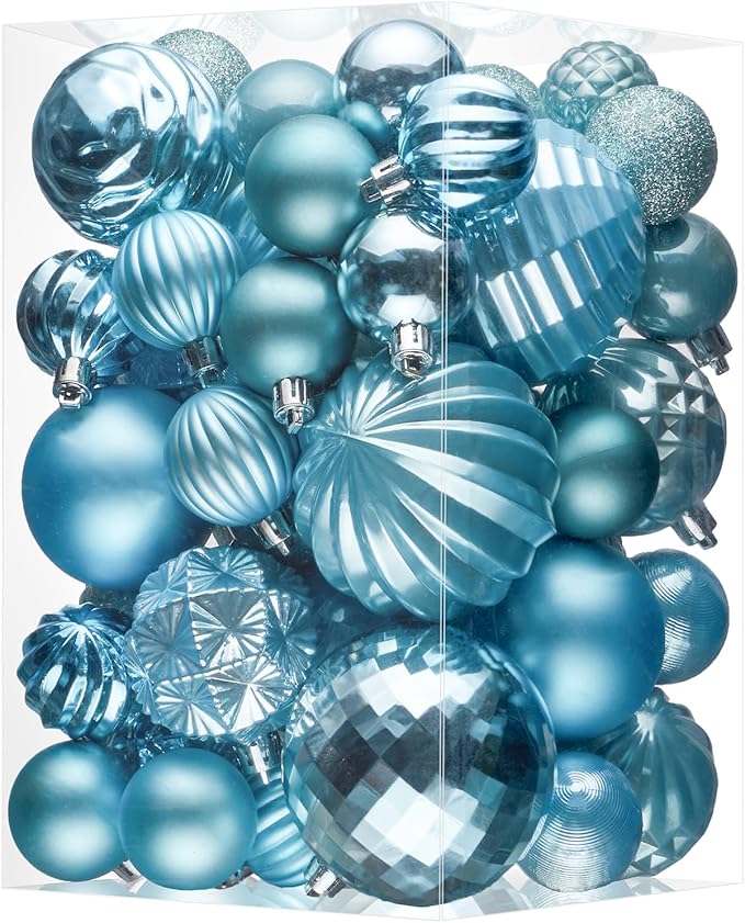 JORNOY Christmas Tree Ornaments Set, 47 Pack Assorted Shatterproof Hanging Balls Decorations, Plastic Bulbs Bulk with Lanyard for Home Holiday Party Decor, 3-Sizes (Sky Blue)