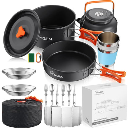 HOMGEN Portable Camping Cooking Set with Folding Windscreen-Lightweight Aluminum Camp Pots and Pan-800ml Teapot- 2 Cups & Plates- Complete Camping Mess Kit for Hiking Picnic Camping RV Trevel Trip