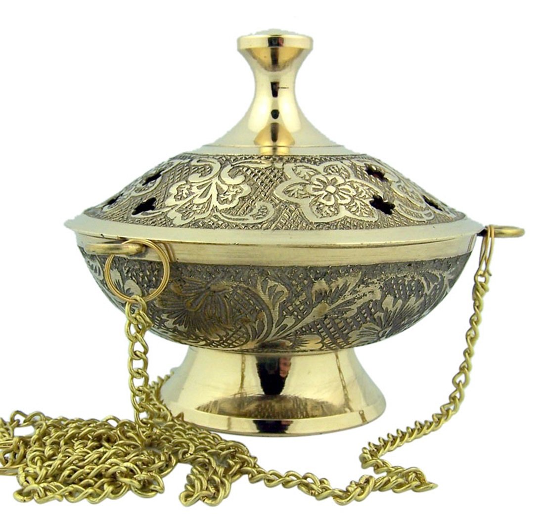 Religious Gifts Gold Plate over Brass Conical Incense Holder, 3 1/2" Dia - 3" H with 9" Chain