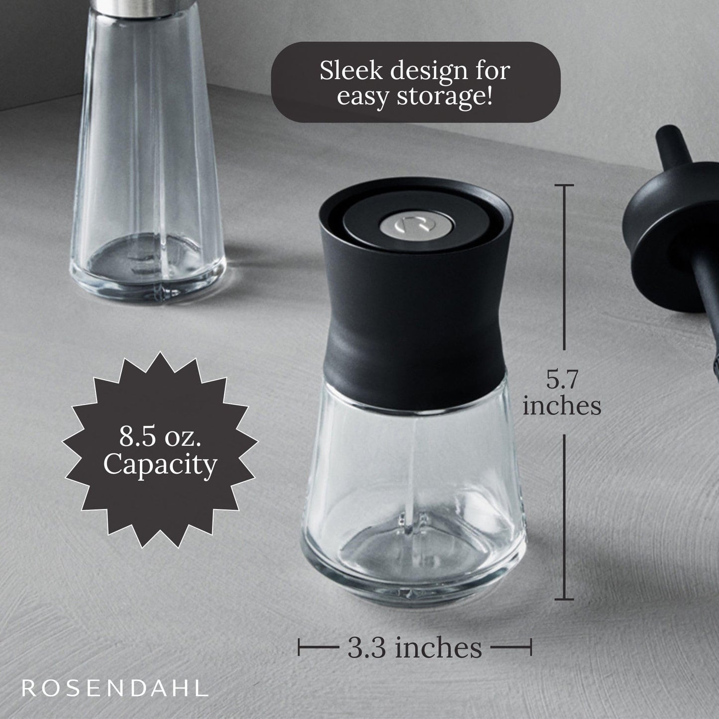 Rosendahl Grand Cru 8.5 Oz Dressing Shaker - Elegant Black Glass Container with Push-Button Lid, 360-Degree Spout for Easy Pouring, Leak-Proof, Multifunctional Kitchen Essential for Homemade Dressings