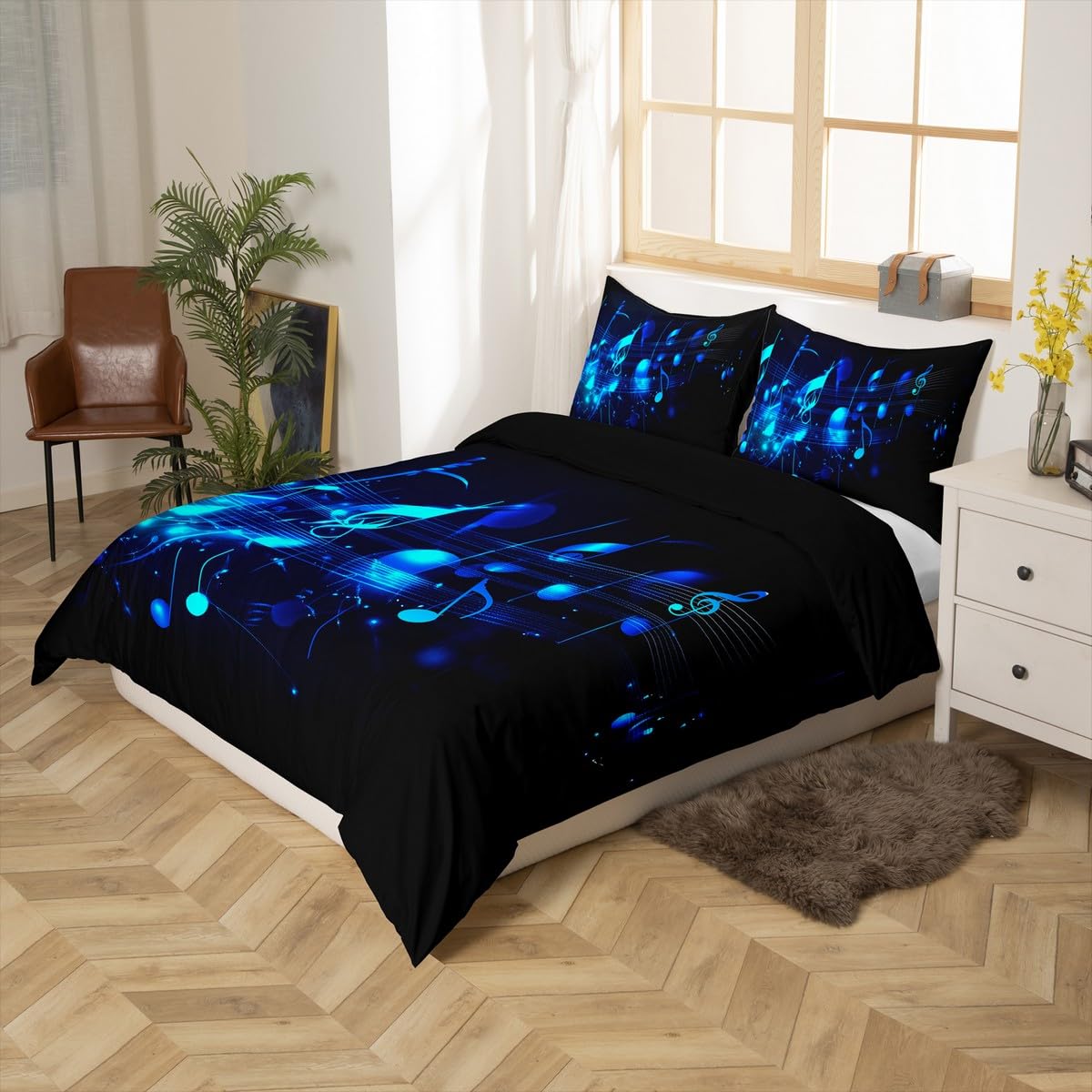 Erosebridal Music Note Duvet Cover Full Size Music Theme Blue Comforter Cover for Teen Boys Kids Girls,Musical Notes Bedding Set Geometric Striped Pattern Bed Set with 2 Pillowcases