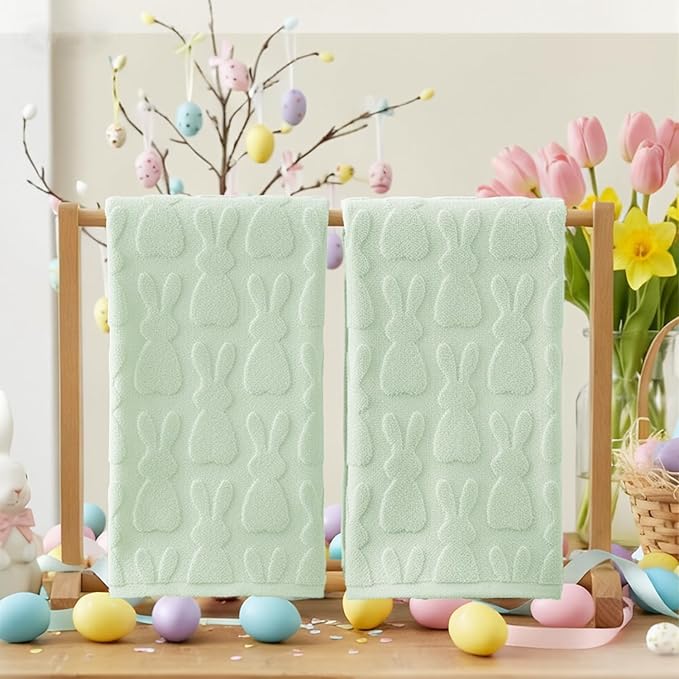 Artoid Mode 2 Pcs Light Green 3D Rabbit Jacquard Easter Hand Towels