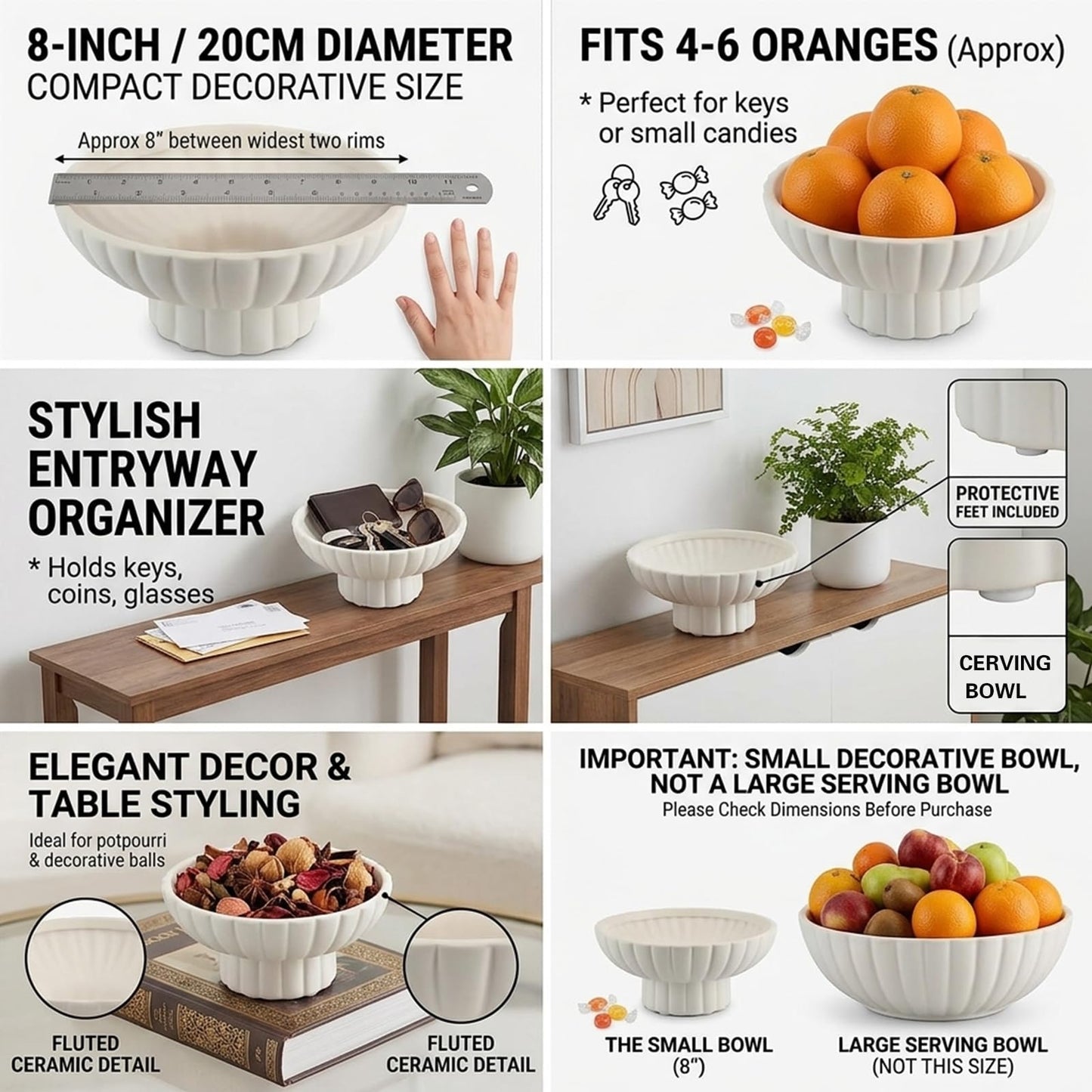 ALIWINER Small Modern Pedestal Decor Fruit Bowl 8" Ceramic,Approx 26 oz Fluted Catch-all Bowl,Footed Home Decorative Bowl for Home Decor,Coffee Table Centerpiece