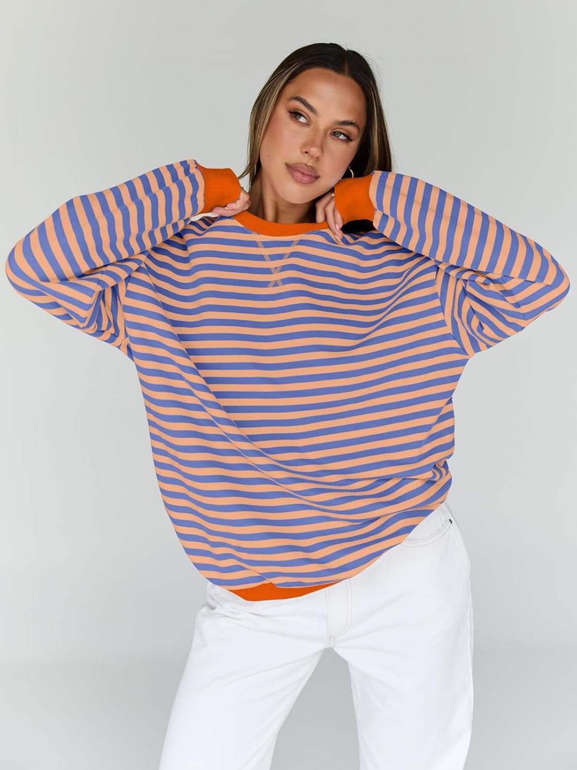 Trendy Queen Oversized Sweatshirt for Women 2025 Fall Crewneck Striped Long Sleeve Shirts Hoodies Cute Top Y2K Outfits