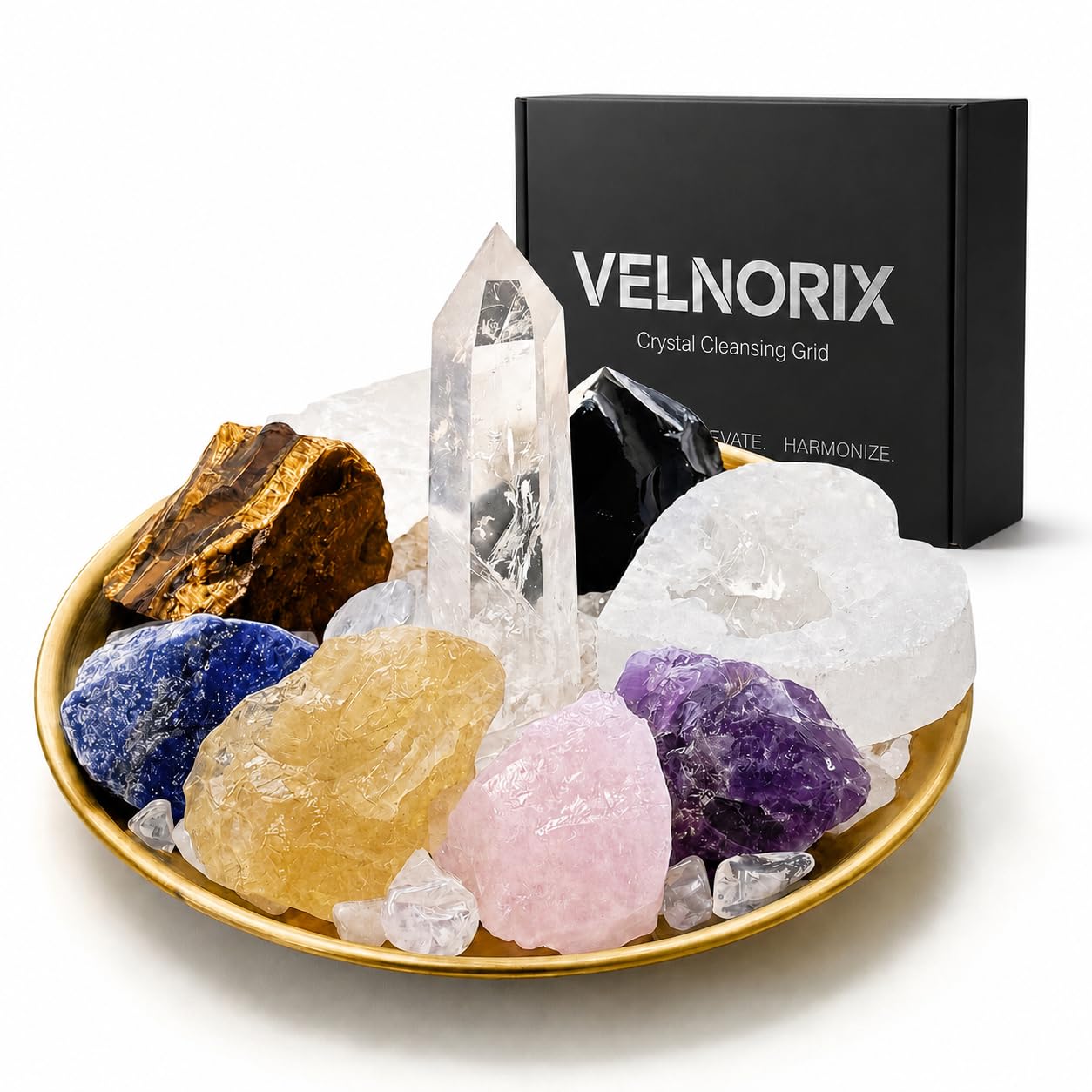 VELNORIX 7 Chakra Healing Crystals Grid Set – Real Stones, Clear Quartz Tower, Amethyst & Tree of Life Altar Tray – Spiritual Meditation & Reiki Decor for Yoga, Positive Energy (Guide Included)