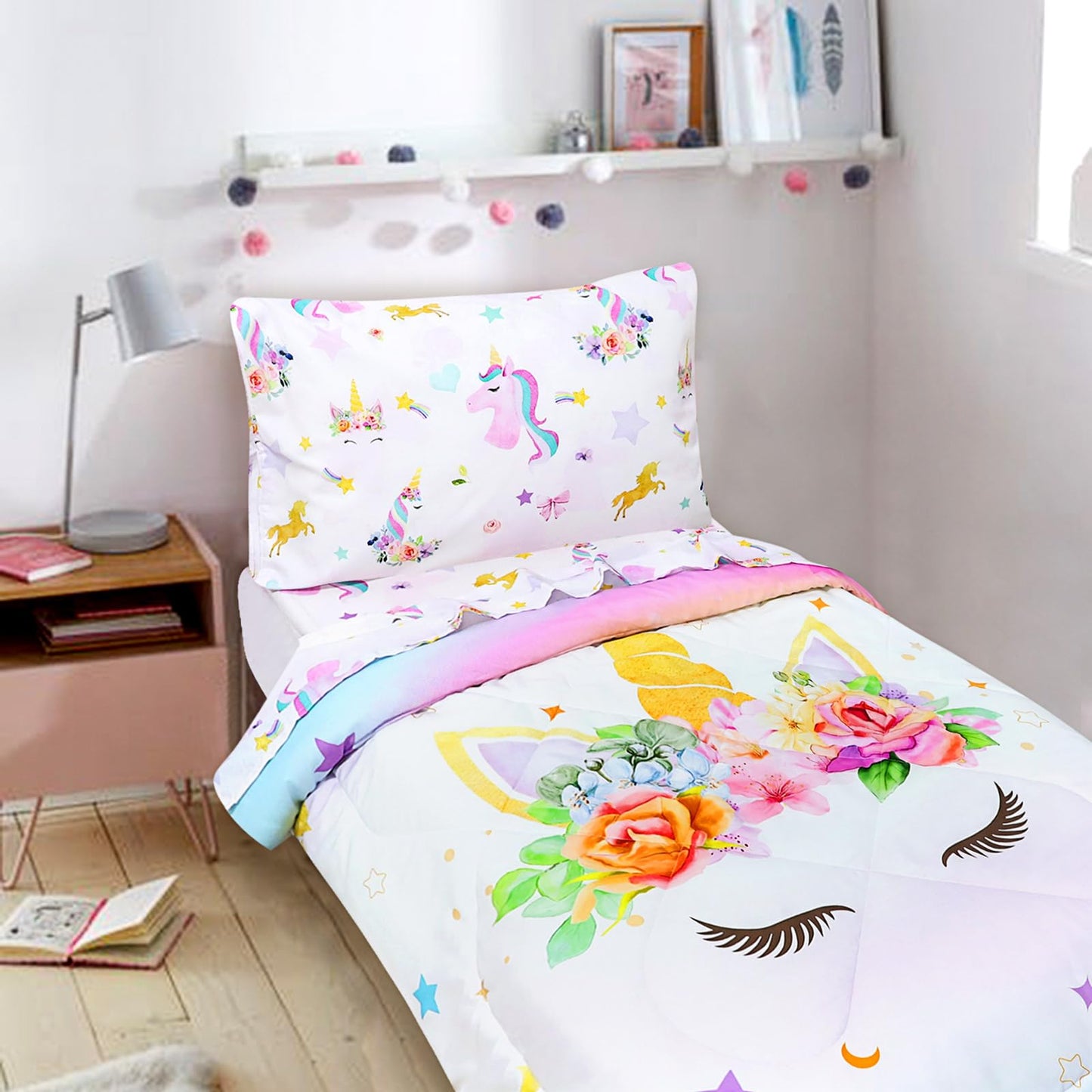 Toddler Bedding Sets for Girls, Unicorn Toddler Crib Bedding Set 4 Piece Pink Floral Toddler Comforter Set Includes Flat Top Sheet, Fitted Sheet, Comforter, Envelope Pillowcase, Soft & Comfort