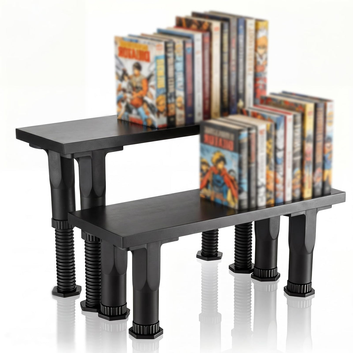 AceOrbit 14.57 x 5.12 x 5.31-8.66 in Adjustable Height, 2 Pack Bookshelf Risers, Wooden Book Shelf Riser for Manga, Comics, Books, Figures, Collectibles, DVDs and CDs, Black