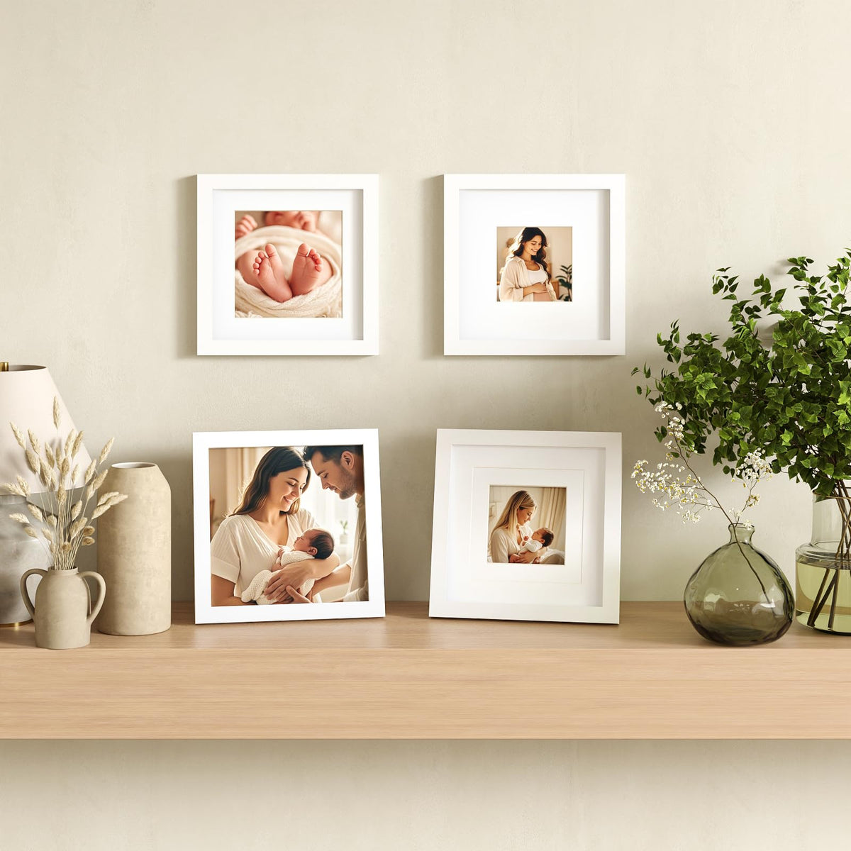 Egofine 8x8 Picture Frames 4 PCS,Solid Wood frame Fits 4x4/6x6 with Mat or 8x8 Without Photo Frame Covered by Plexiglass,for Wall Hanging and Tabletop,Wooden Square Picture Frame,White