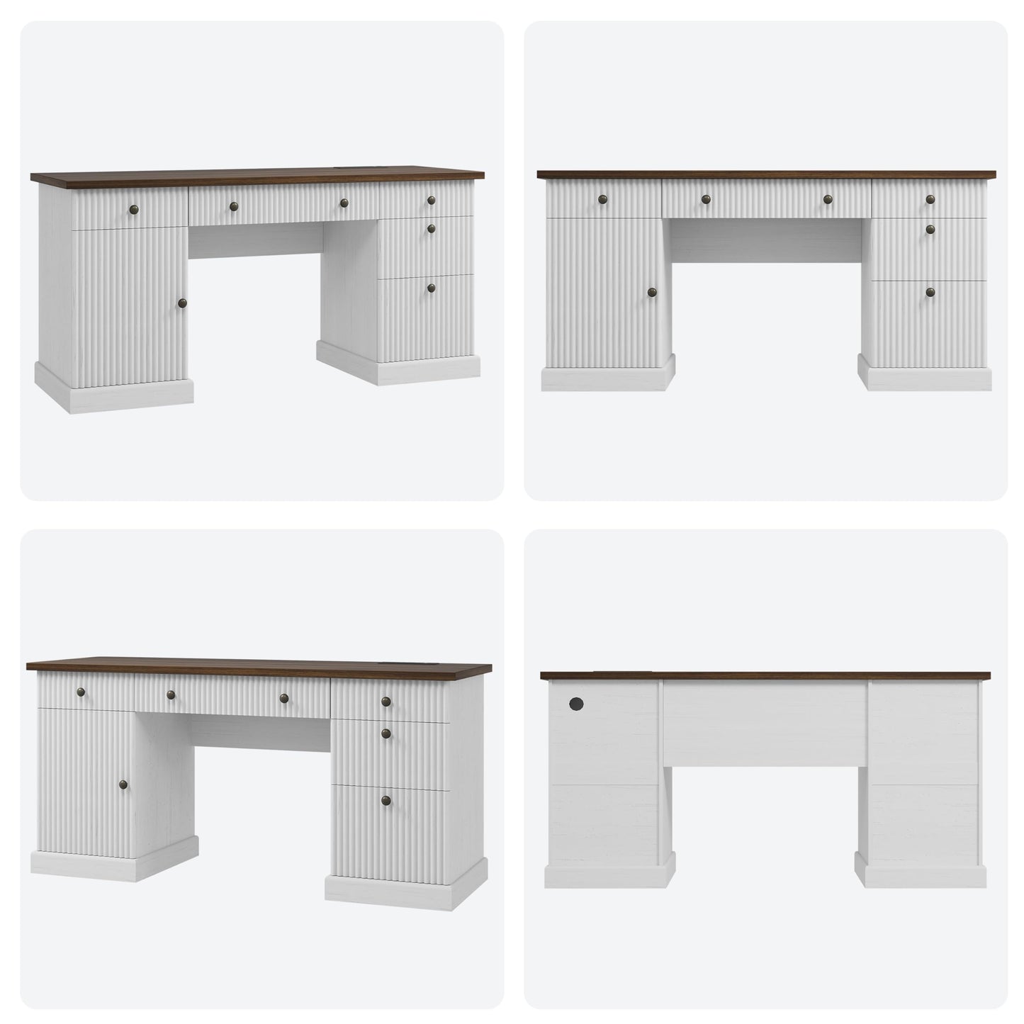 IDEALHOUSE 60 Inch Modern Executive Desk with Charging Station, USB-C/A Ports & 6.56ft Cord - Walnut & White Fluted Wood Office Desk with File Drawers, Sturdy Computer Desk for Home Office