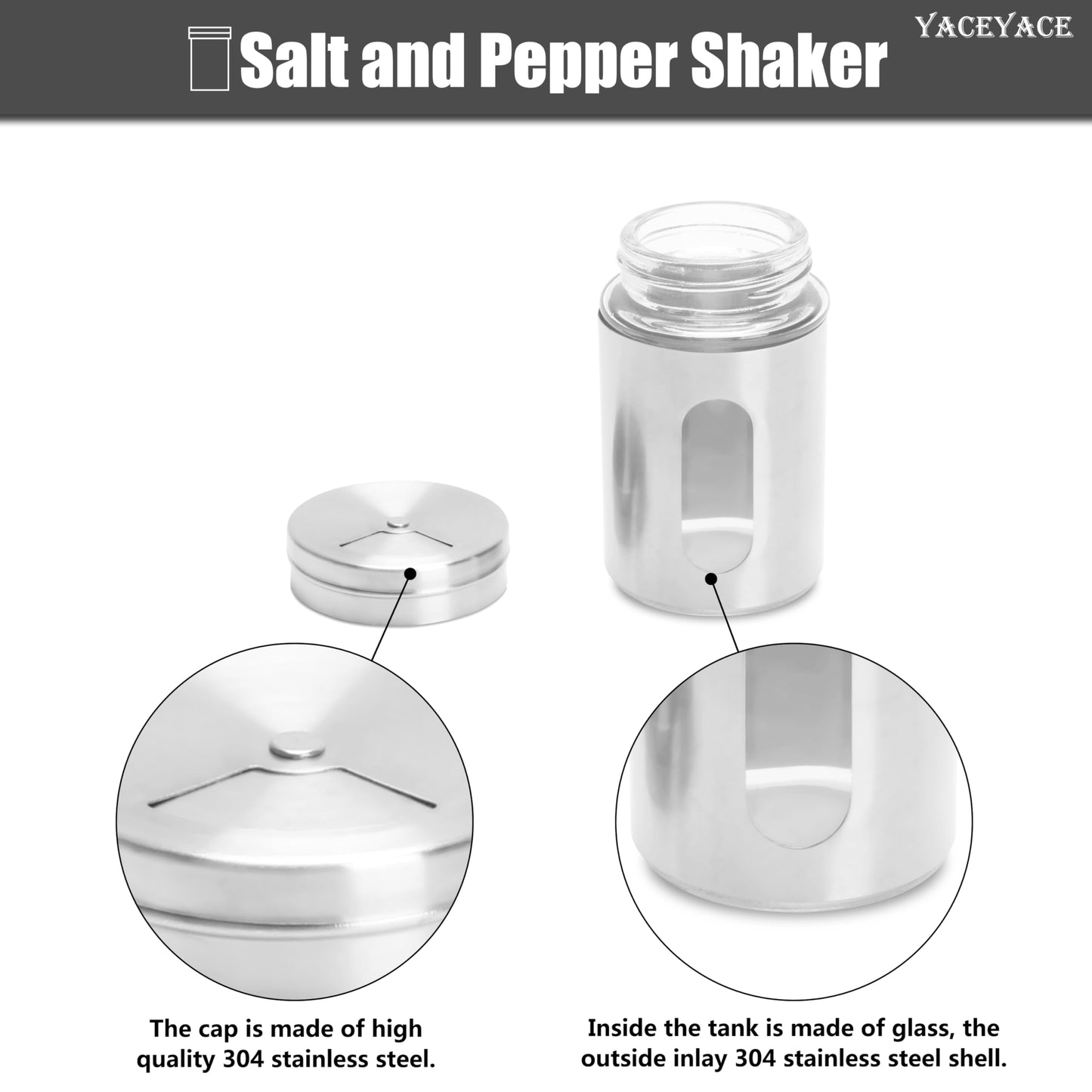 YACEYACE Stainless Spice and Salt Shakers, 6Pcs 3oz Part Clea Salt and Pepper Shakers with Holes and Adjustable Lids, Spice Jars with Label