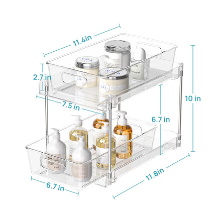 Vtopmart 4 Pack Bathroom Organizer, 2 Tier Clear Under Sink Organizers Vanity Countertop Storage Container,Cabinet Drawers Bins, Pull-Out Organization with Track for Pantry, Kitchen
