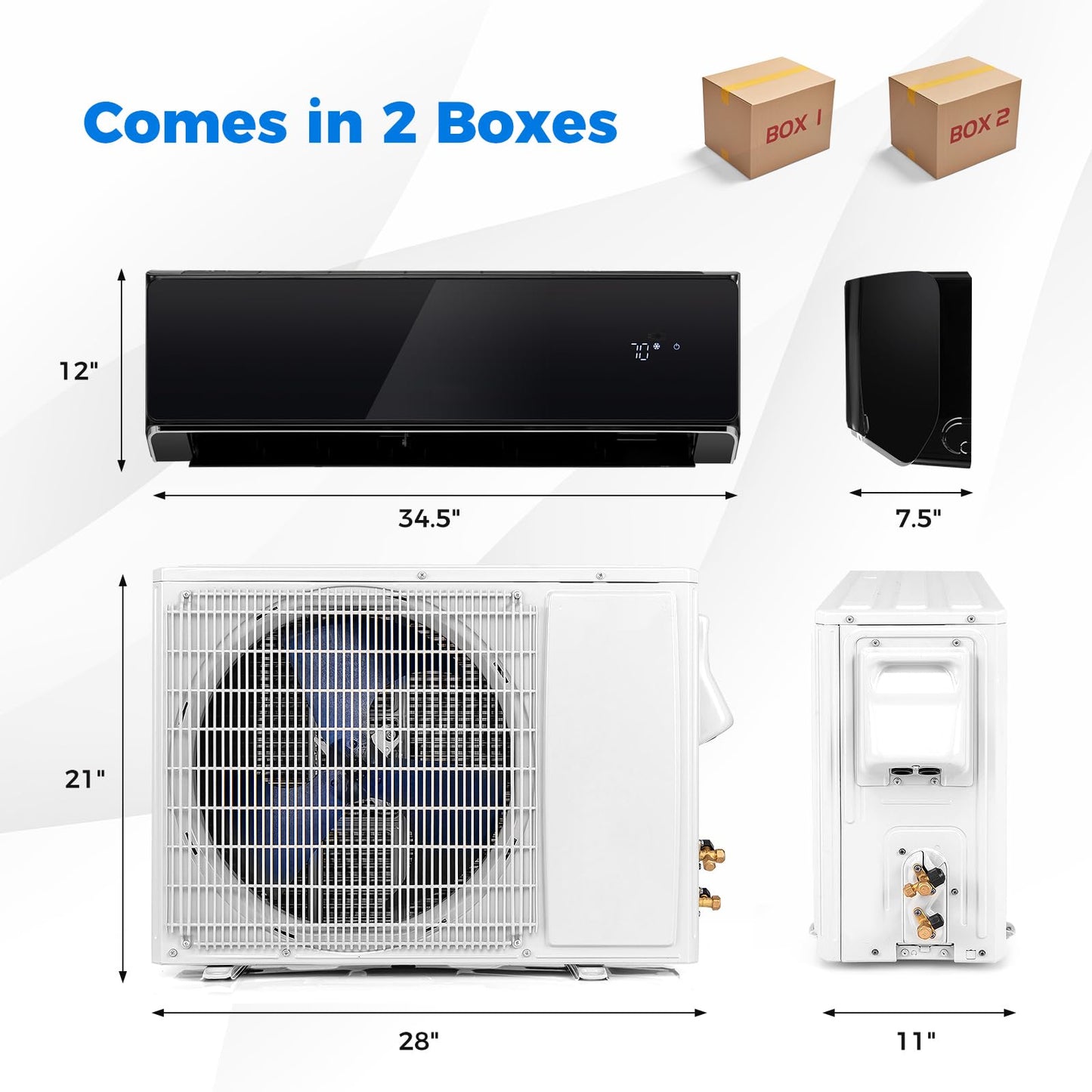 GLACER 12000 BTU Mini Split Air Conditioner & Heater, 22 SEER2 Inverter AC Unit Cools Up to 750 Sq. Ft, Wall-mounted Tubeless Split-System with Mounting Kit (Black, 12000BTU, 208-230V, 22 SEER2-WIFI)