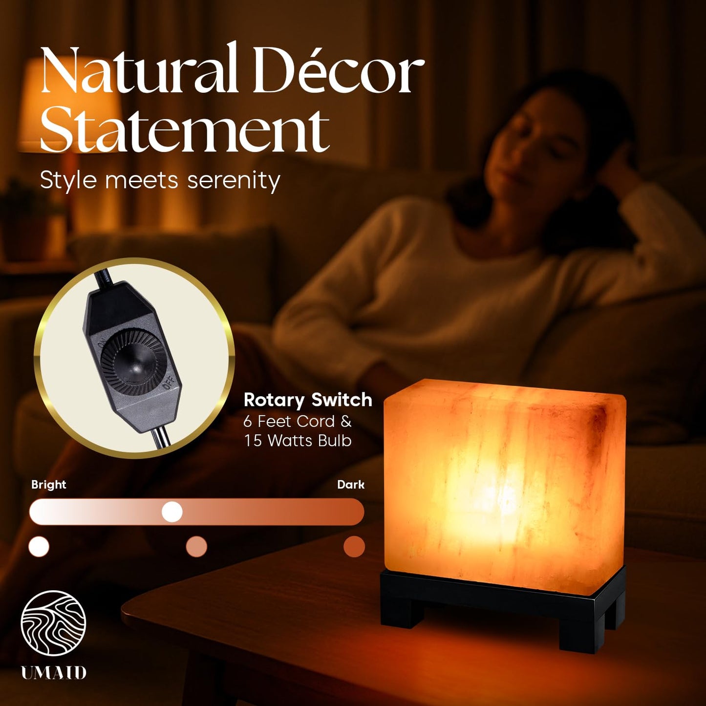 UMAID Himalayan Salt Lamp Rectangle, Natural Pink Rock Salt Lamp on Modern Wood Base with Night Light Bulb and Dimmable Cord, Spa Decor, Salt Massage Stones Ambiance, Meditation Accessories Decor Gift
