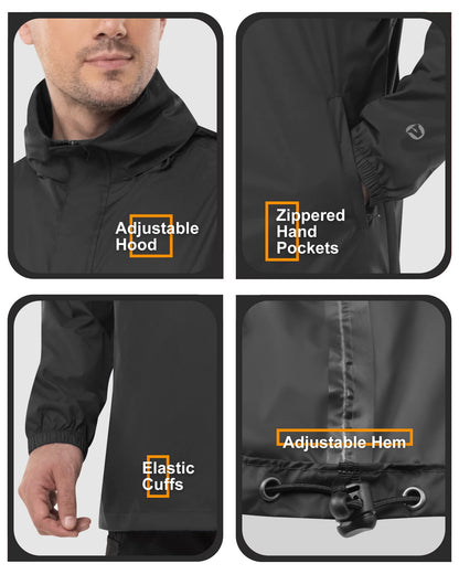 Outdoor Ventures Rain Jacket for Men Waterproof Pullover Lightweight Hooded Outdoor Raincoat Packaway Breathable Reflective Anorak Jacket for Travelling, Camping, Running, Hiking, Black L