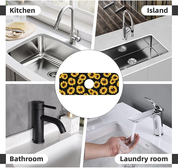 Sunflowers Black Vintage Paingting Kitchen Sink Splash Guard Faucet Mat 1 Pcs