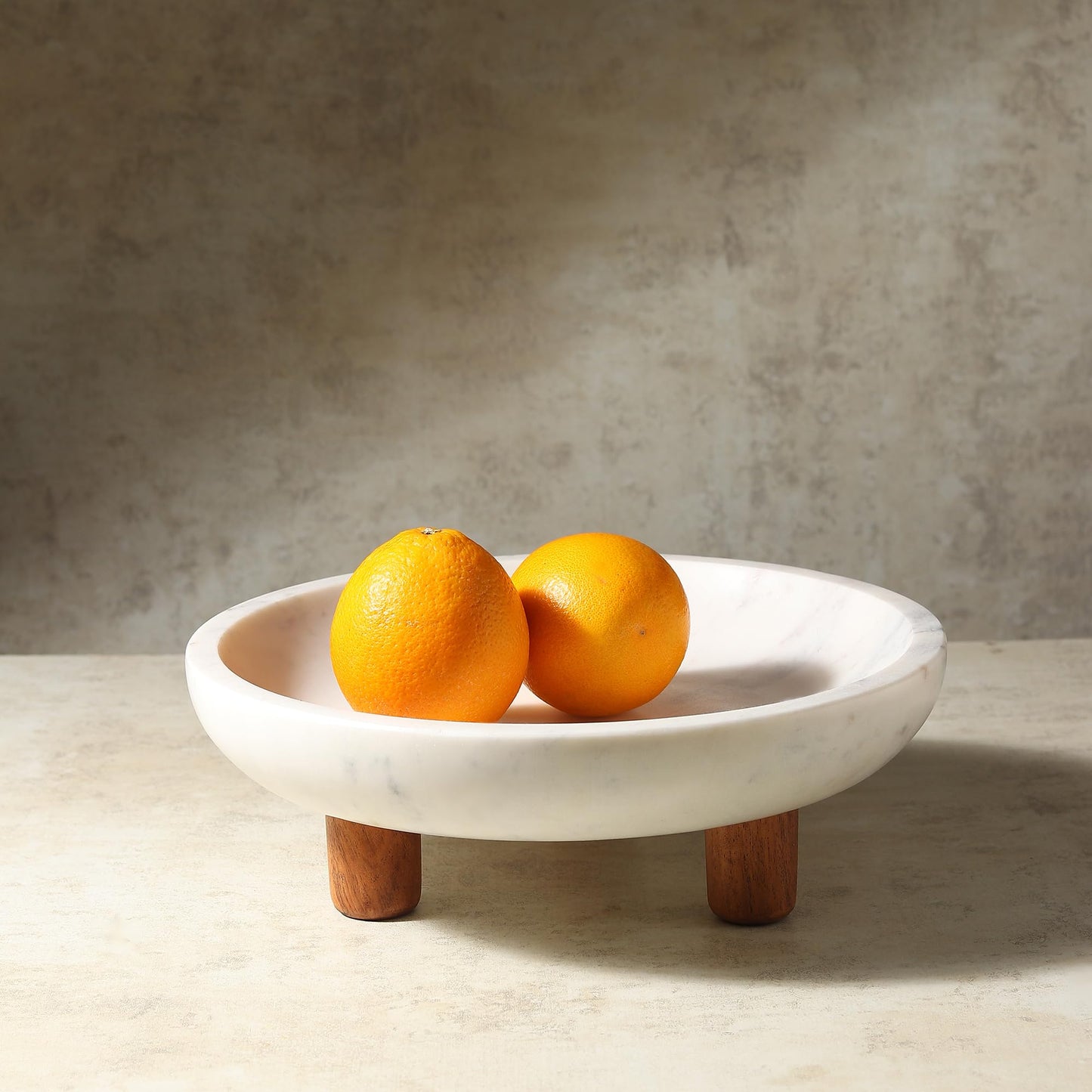 LAVAUK Marble Fruit bowl with three wood legs | 11.8 inch dia footed bowl for kitchen counter | Use as centerpiece for dining table, key bowl for entryway table, or potpurri/decorations (Large)
