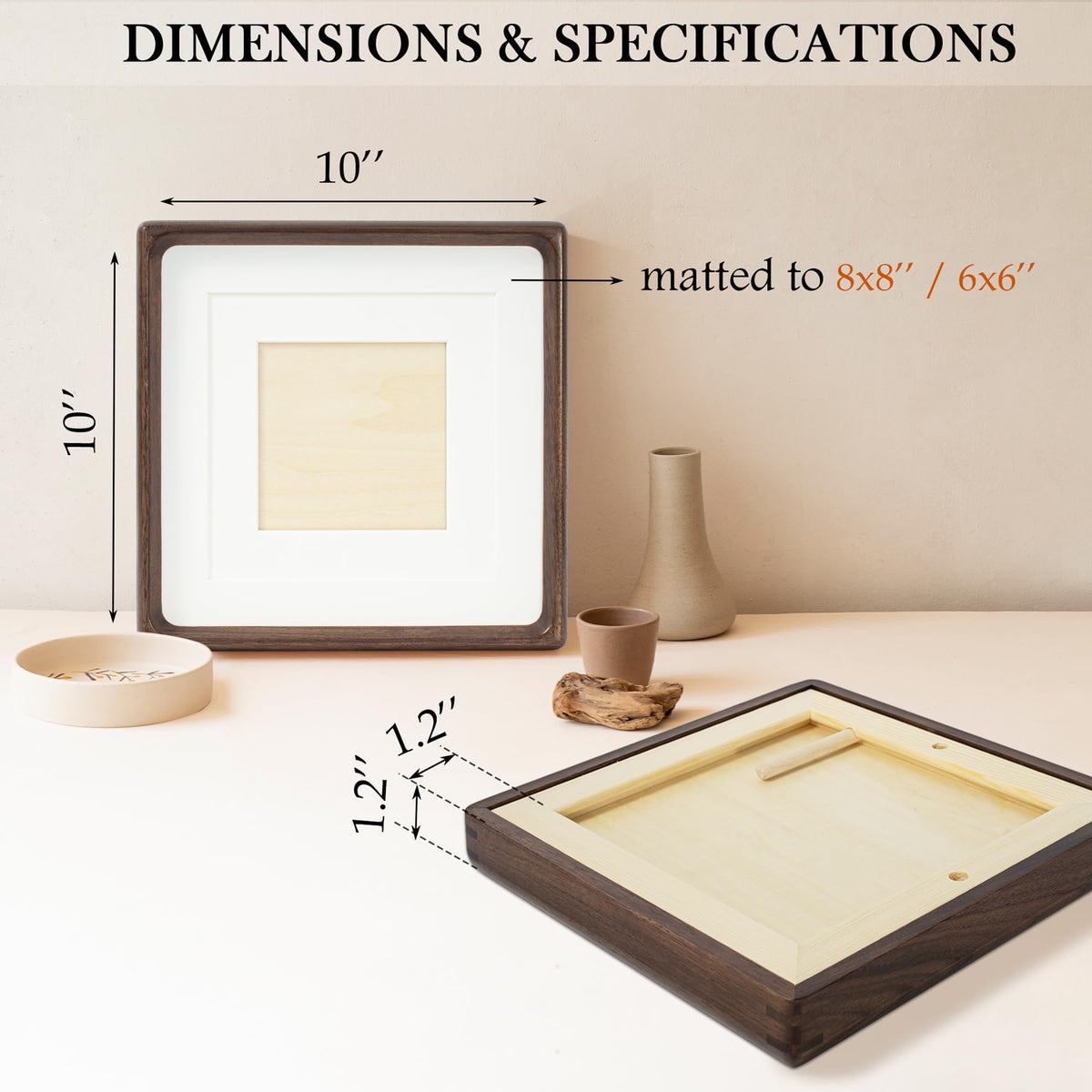 LAUBO2 Real Black Walnut 10x10 Wooden Picture Frame with Sturdy Reinforced Wood Back - Matted to 8x8/6x6, Wall & Tabletop Display Gift