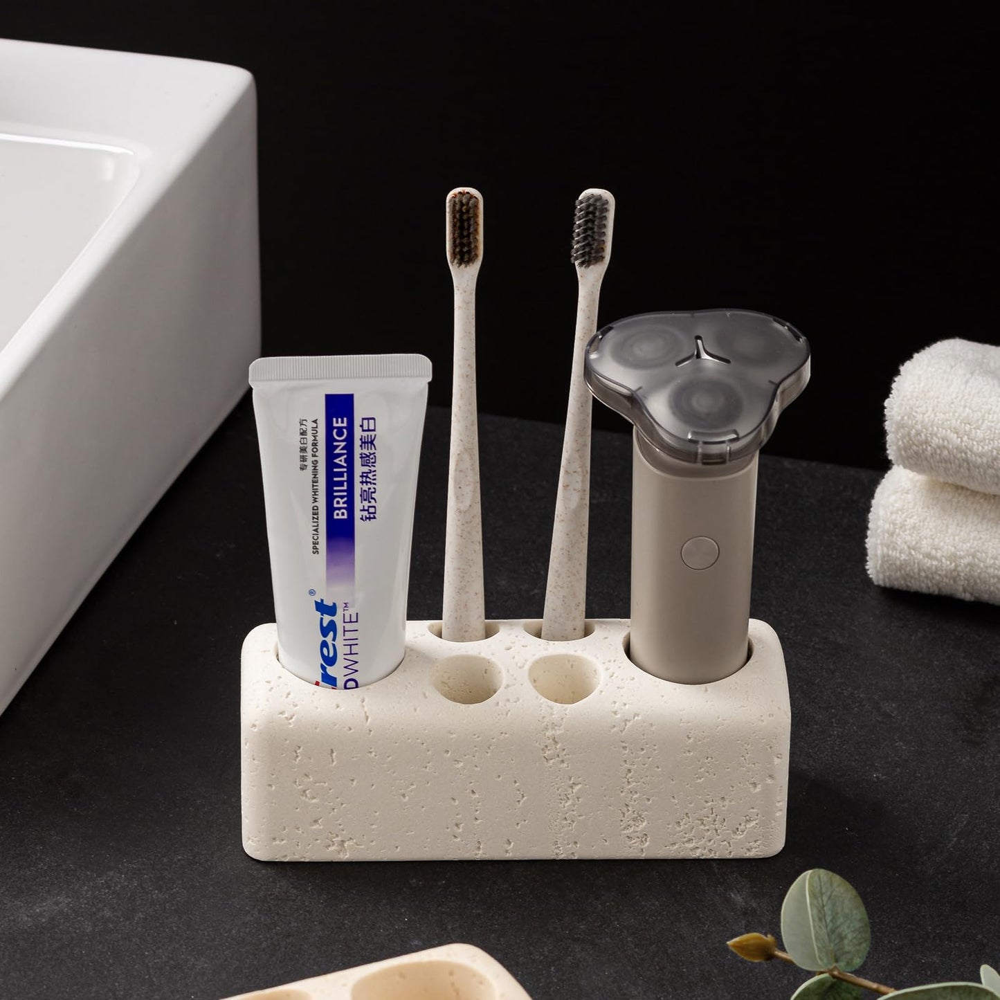 Haocoott Toothbrush Holder with 6 Slots, Bathroom Electric Toothbrush and Toothpaste Holder Set, Bathroom Organizer for Countertop, Shower, Vanity, Travertine Stone Look, Off-White