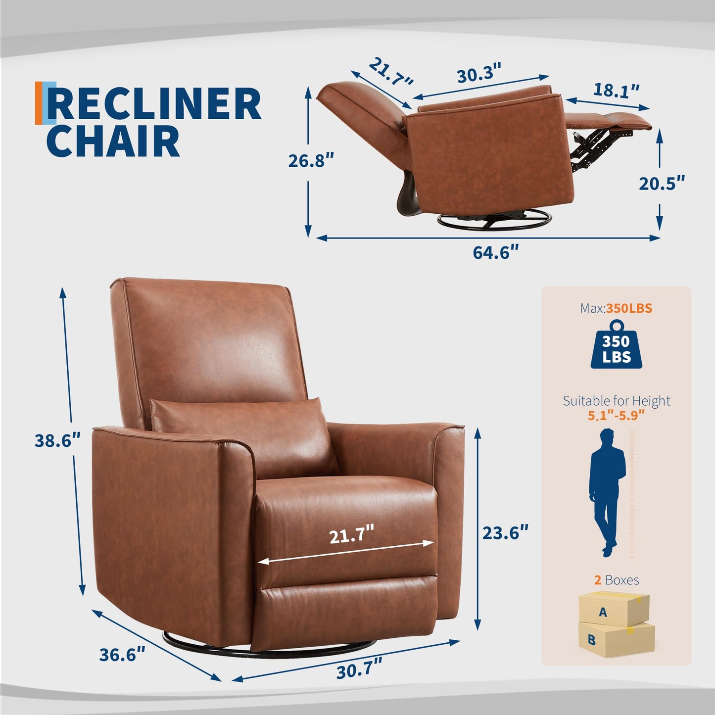 360° Swivel Glider Recliner Chair with Lumbar Support - Ergonomic PU Leather Manual Rocking Chair for Nursery, Living Room, Bedroom, Home Office