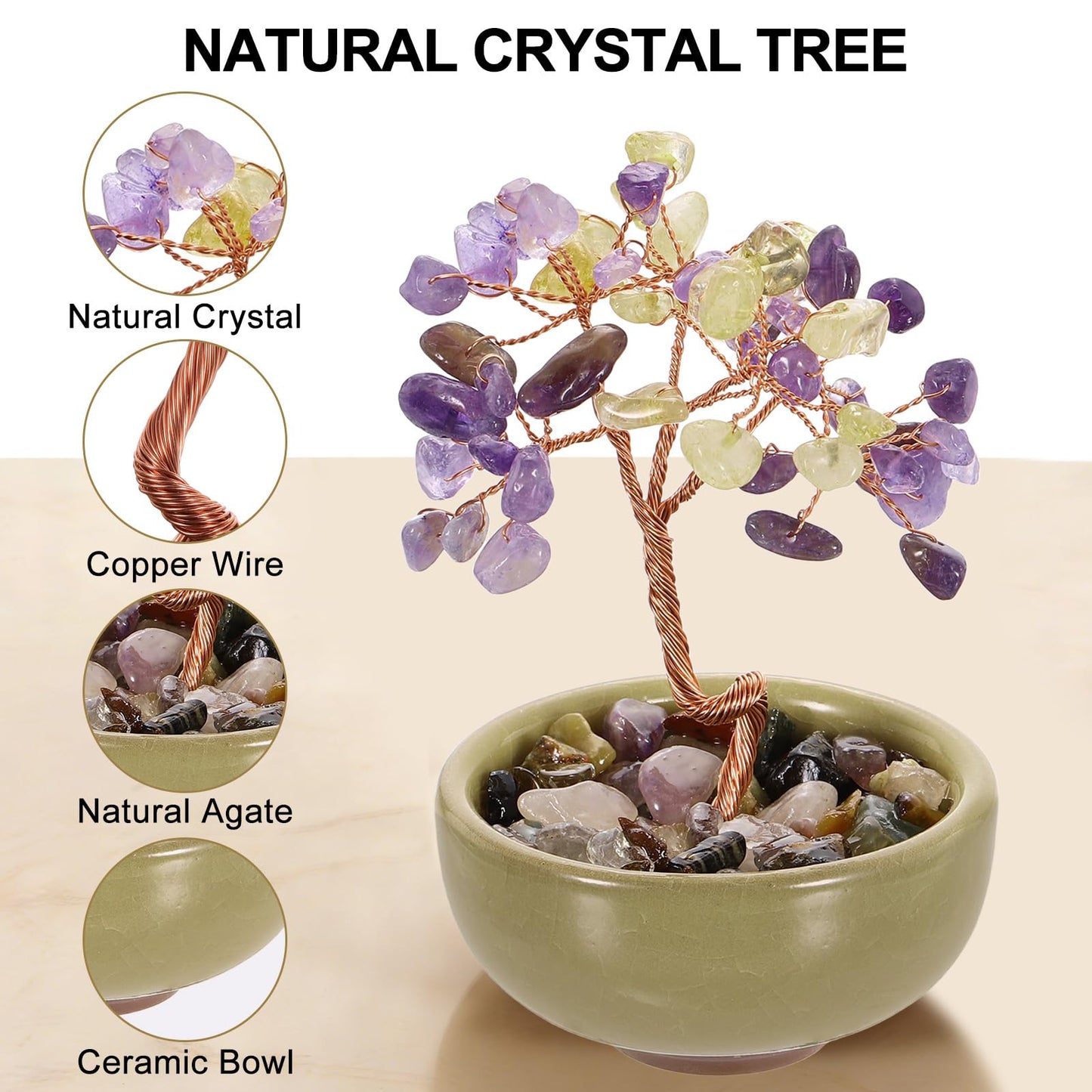 MECCANIXITY 7 Chakra Crystal Tree of Life, Natural Amethyst & Citrine Gemstone Tree Handmade Feng Shui Bonsai with Agate Base for Positive Energy, Good Luck, Home Office Decor (4 x 2.4 Inch)