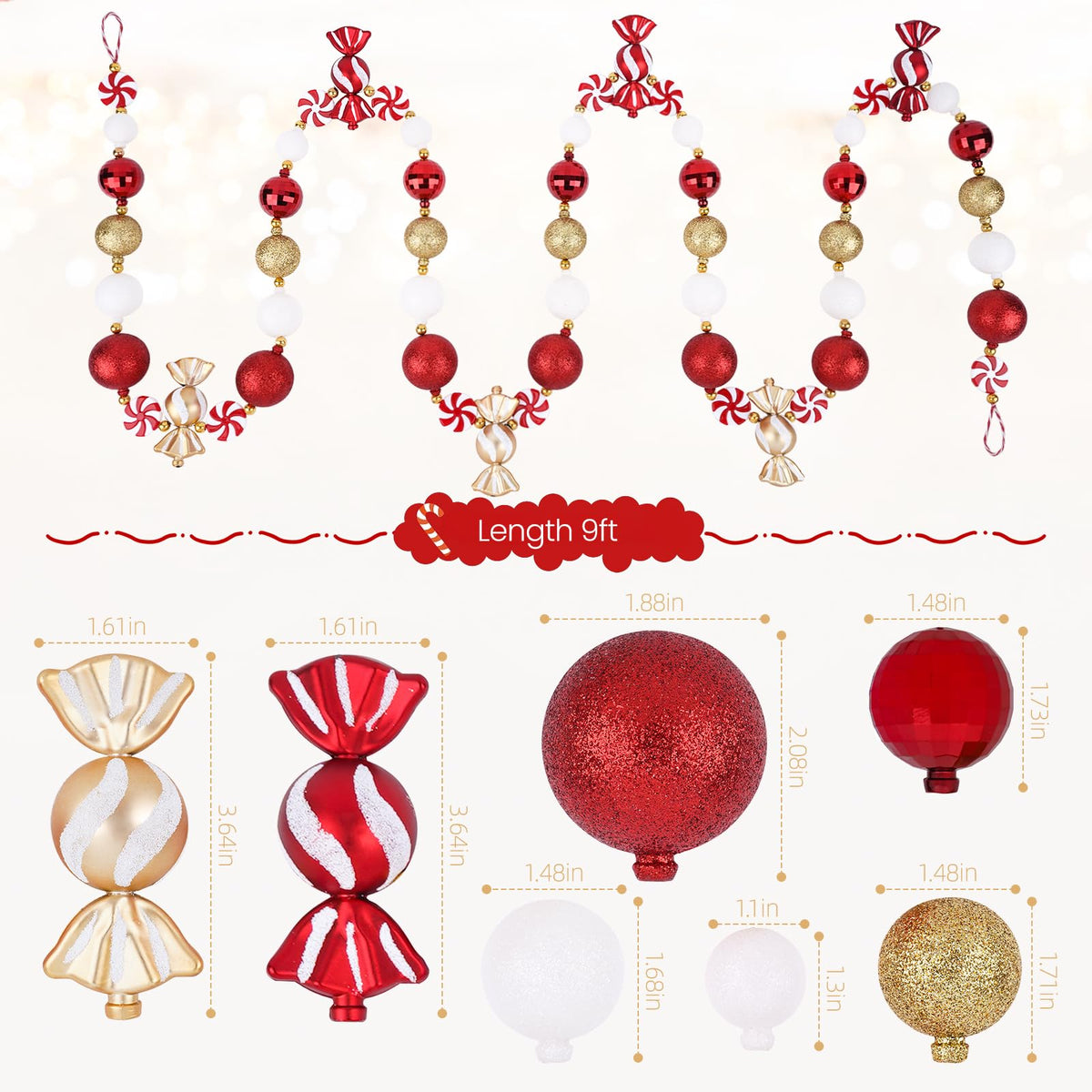 Candy Garland Christmas Decorations 9FT, Red White Gold Candy Bead Garland for Christmas Tree, Mantle, Party, and Holiday Decor
